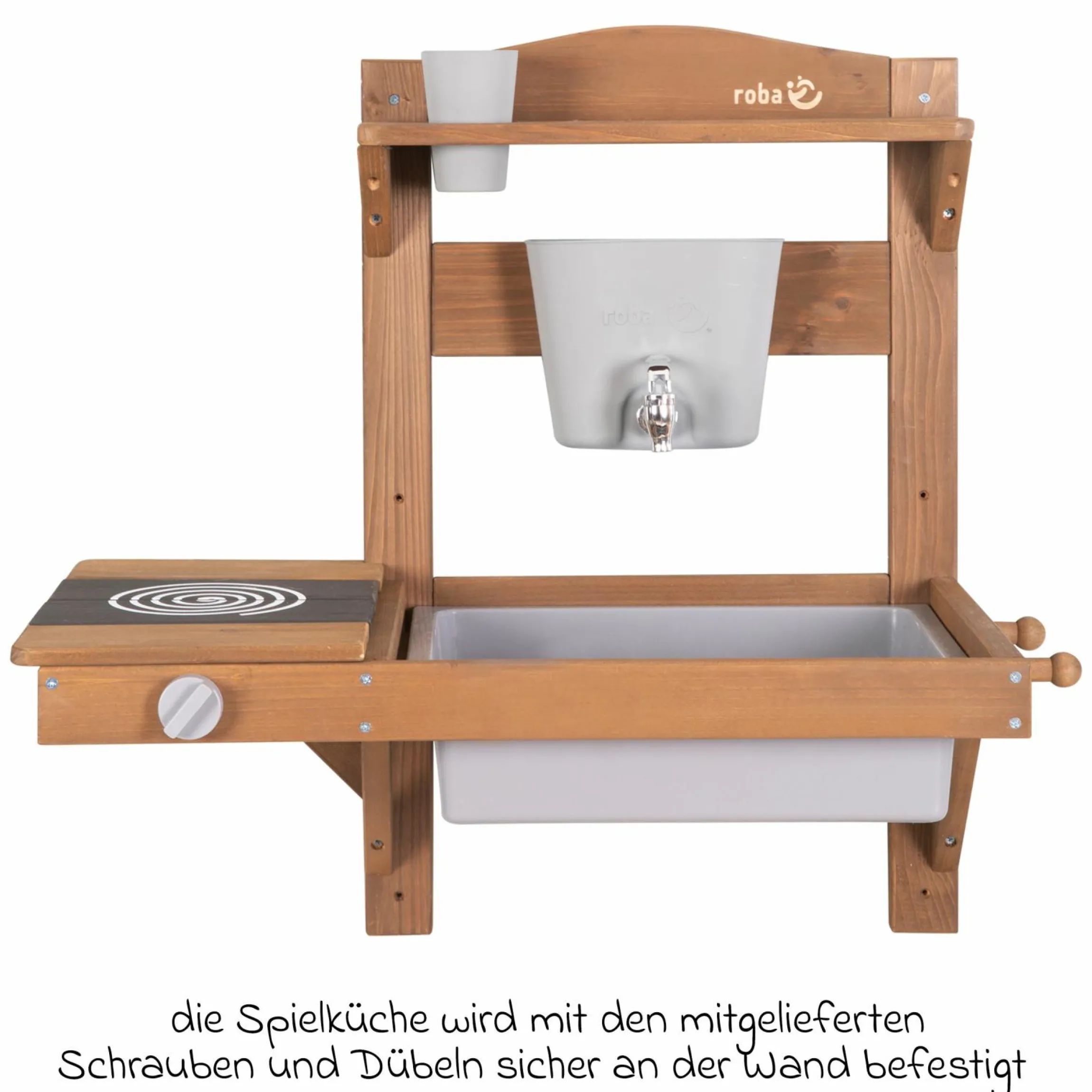 Spiel- und Matschküche kompakt zum Hängen mit Spielwanne, Herdplatte, Wasserbehälter mit Wasserhahn inkl. Zubehör - Teakholzfarben