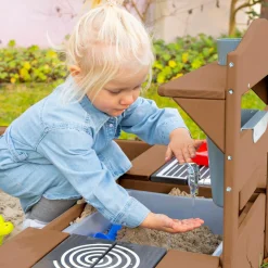 Spiel- und Matschküche kompakt zum Hängen mit Spielwanne, Herdplatte, Wasserbehälter mit Wasserhahn inkl. Zubehör - Teakholzfarben
