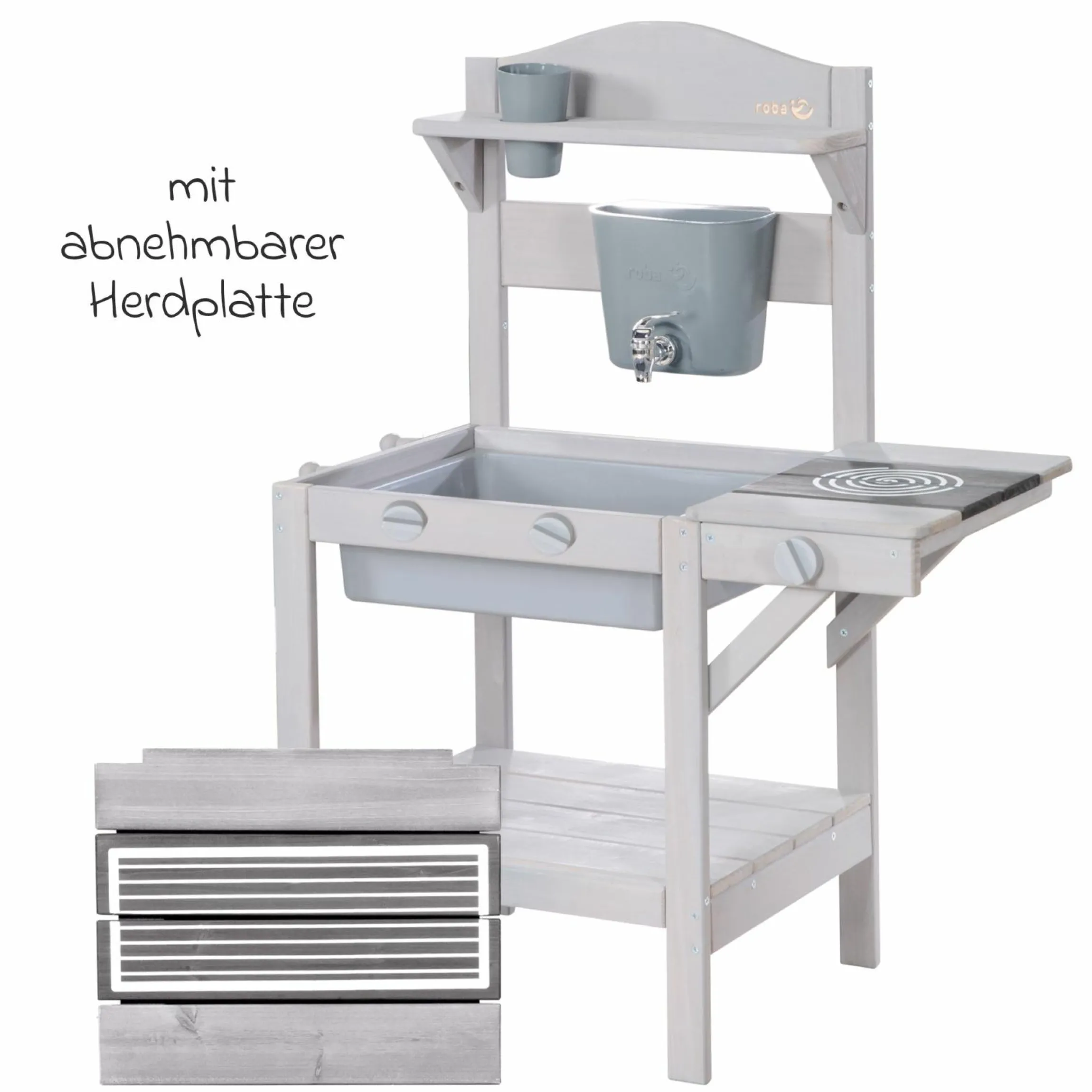 Spiel- und Matschküche mit Spielwanne, 2 Herdplatten, Wasserbehälter mit Wasserhahn inkl. Zubehör - Grau