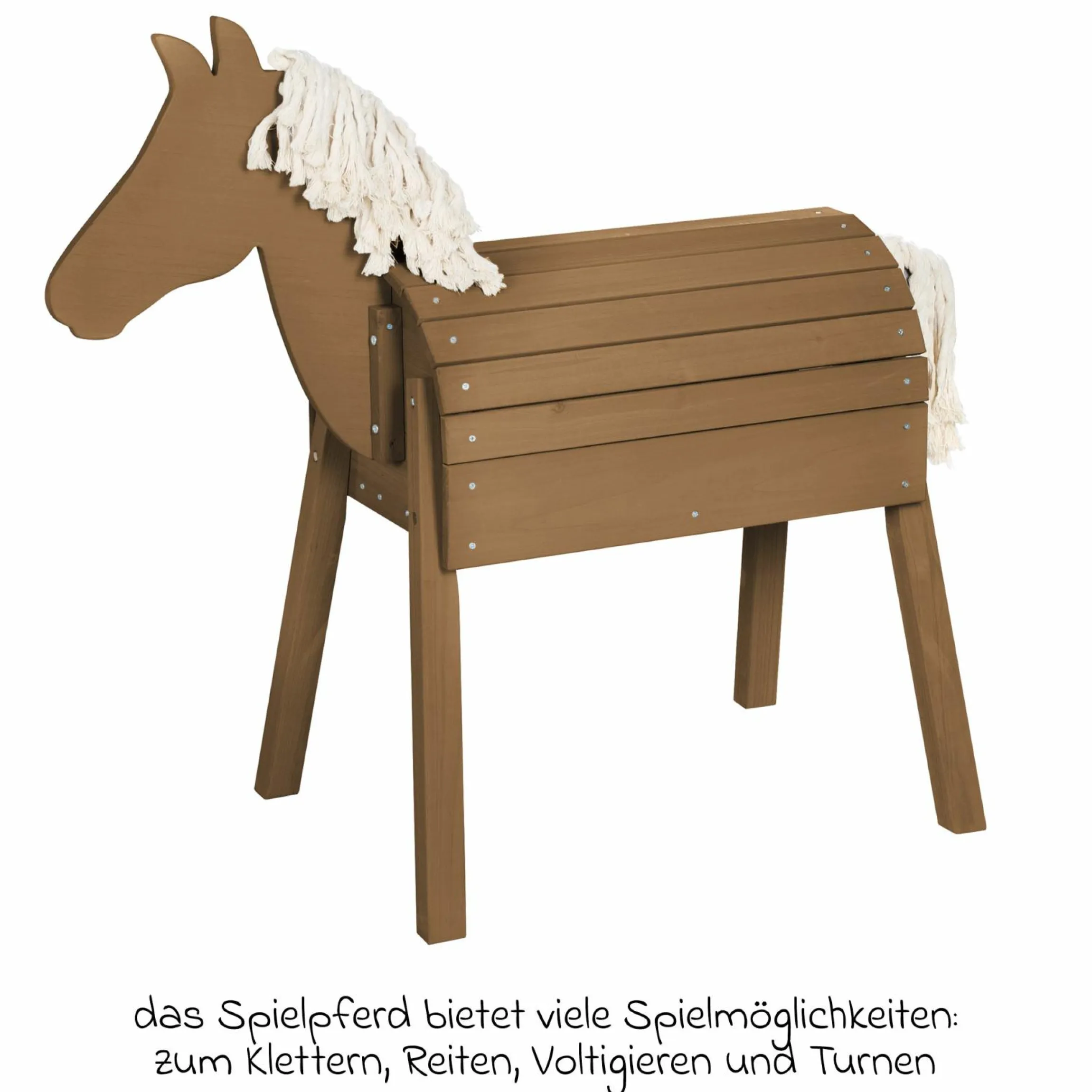 Spielpferd Outdoor wetterfest mit Mähne & Schweif - Rückenhöhe 68 cm - Teakholzfarben