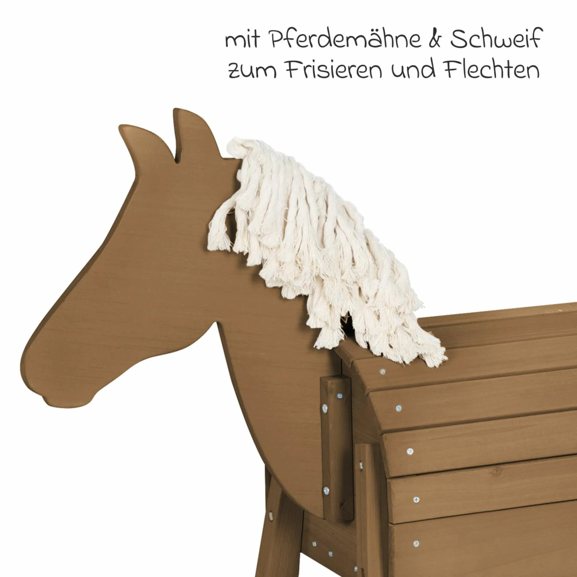 Spielpferd Outdoor wetterfest mit Mähne & Schweif - Rückenhöhe 68 cm - Teakholzfarben