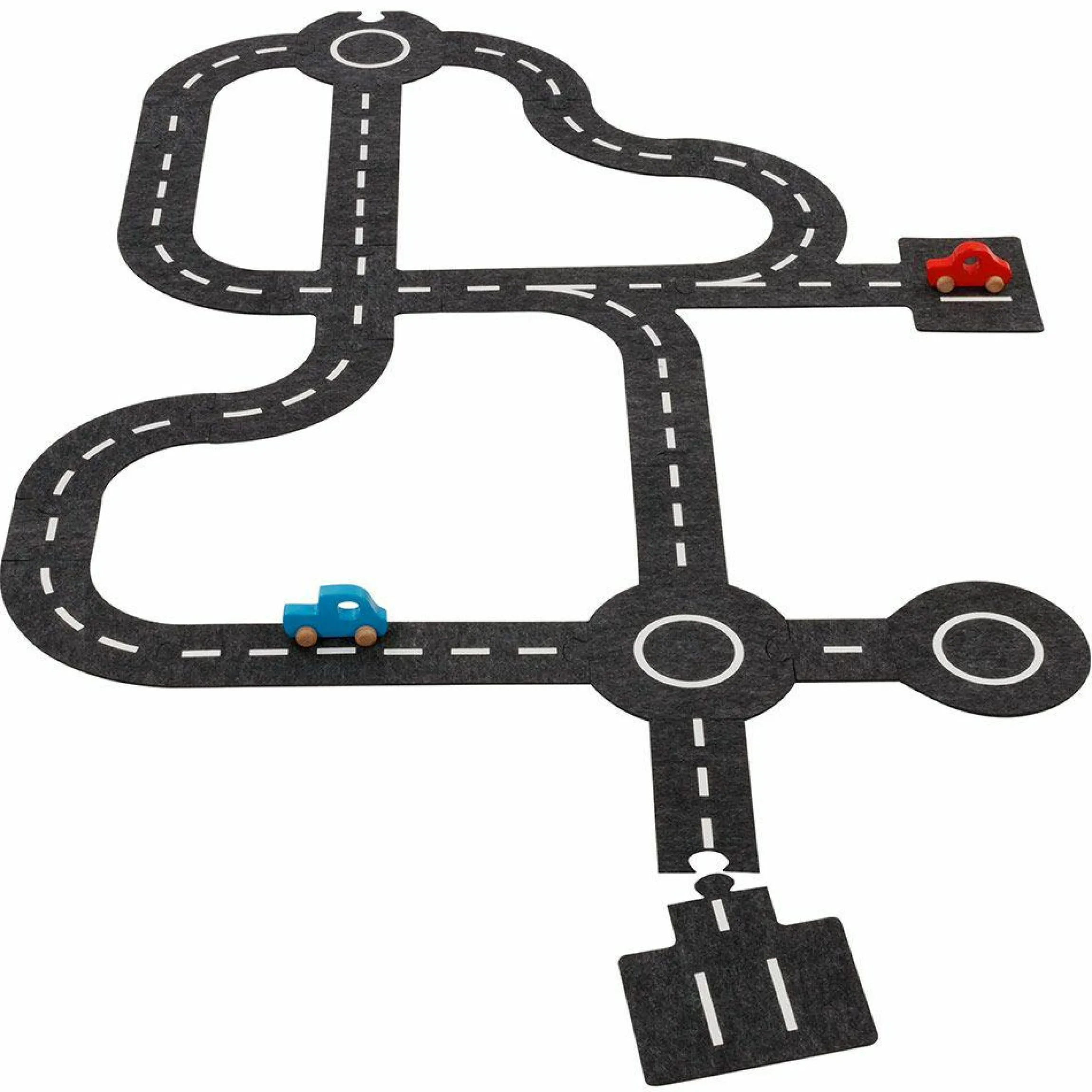 Spielstraße aus Filz mit 2 Holz-Fahrzeugen