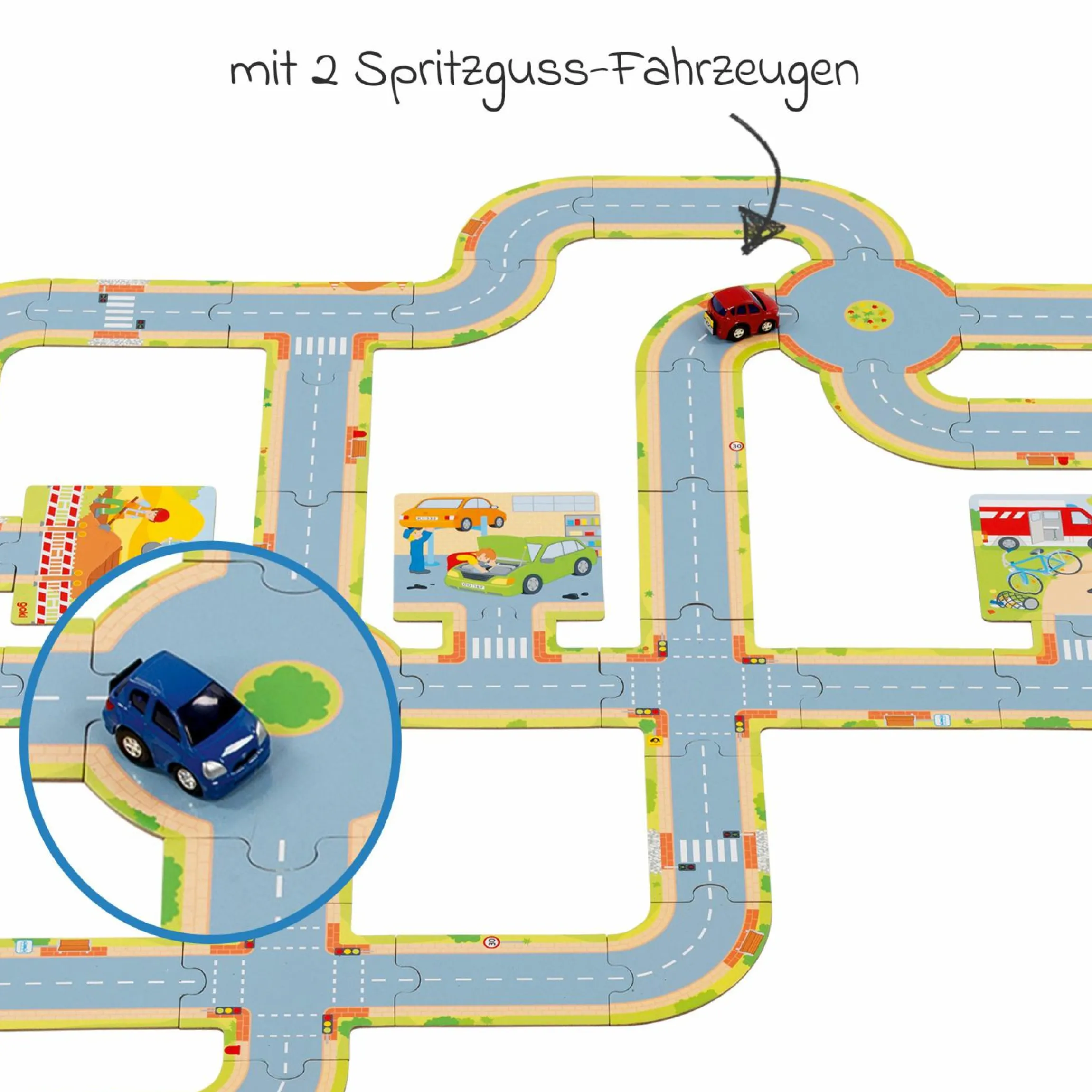 Spielstraße aus Pappe mit 2 Spritzgussfahrzeugen