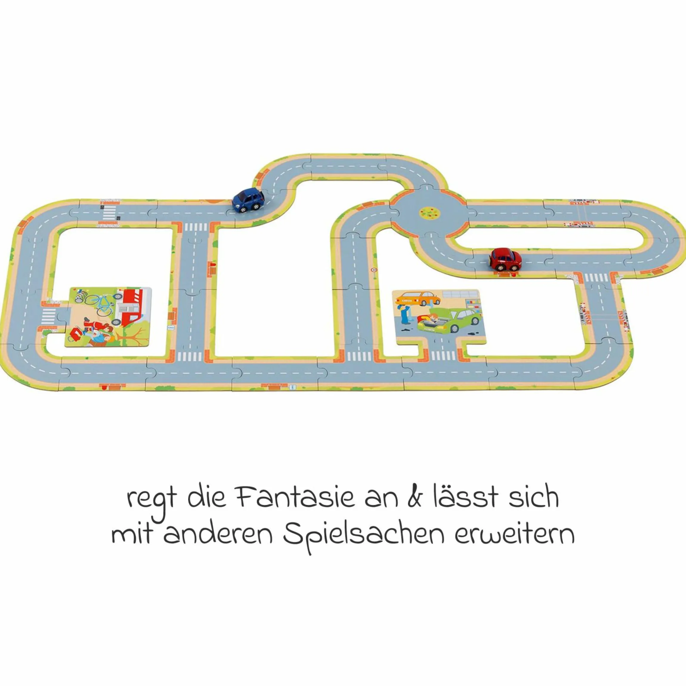 Spielstraße aus Pappe mit 2 Spritzgussfahrzeugen