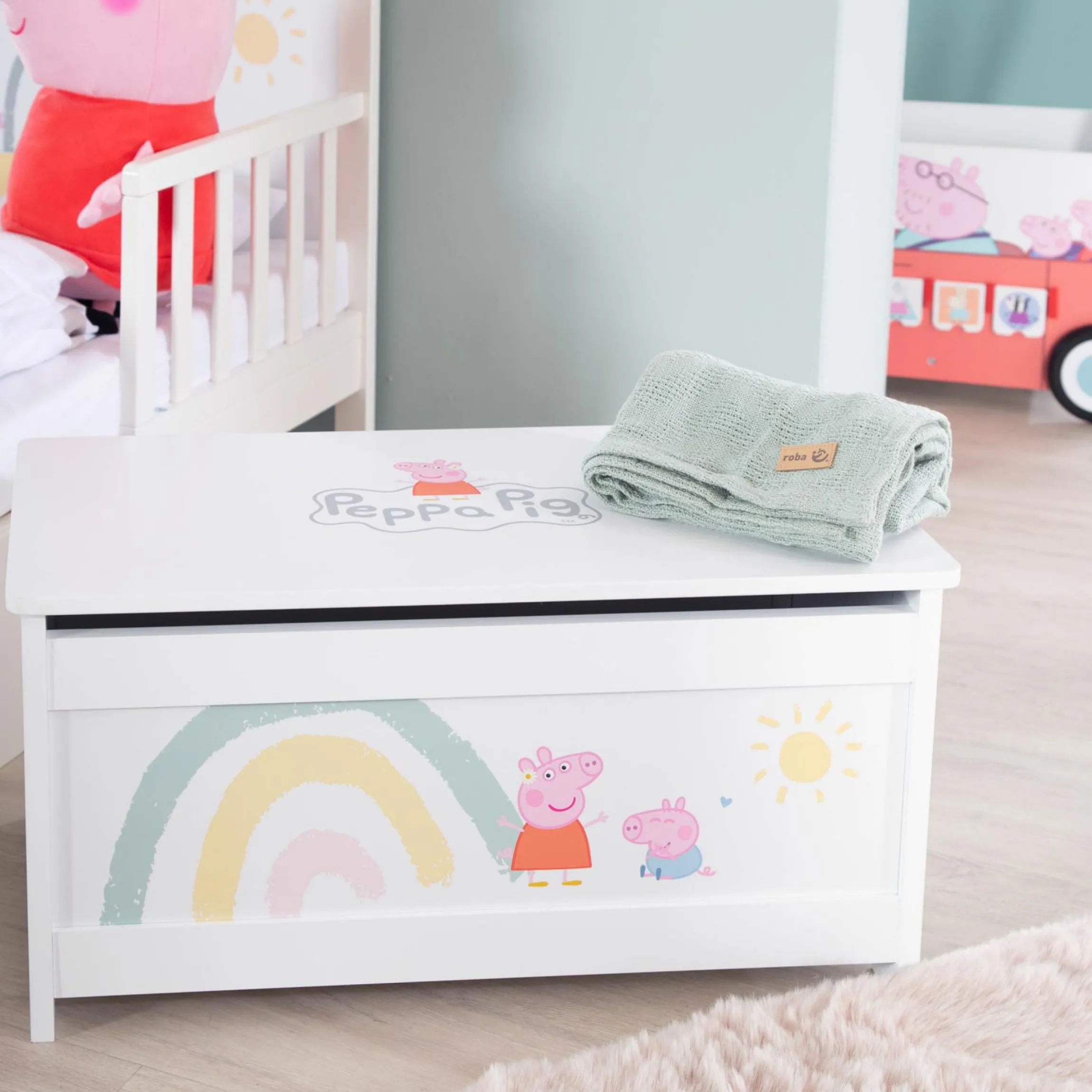 Spielzeugtruhe mit aufklappbarer Sitzfläche und Dämpfungsbeschlag - Peppa Pig - Weiß