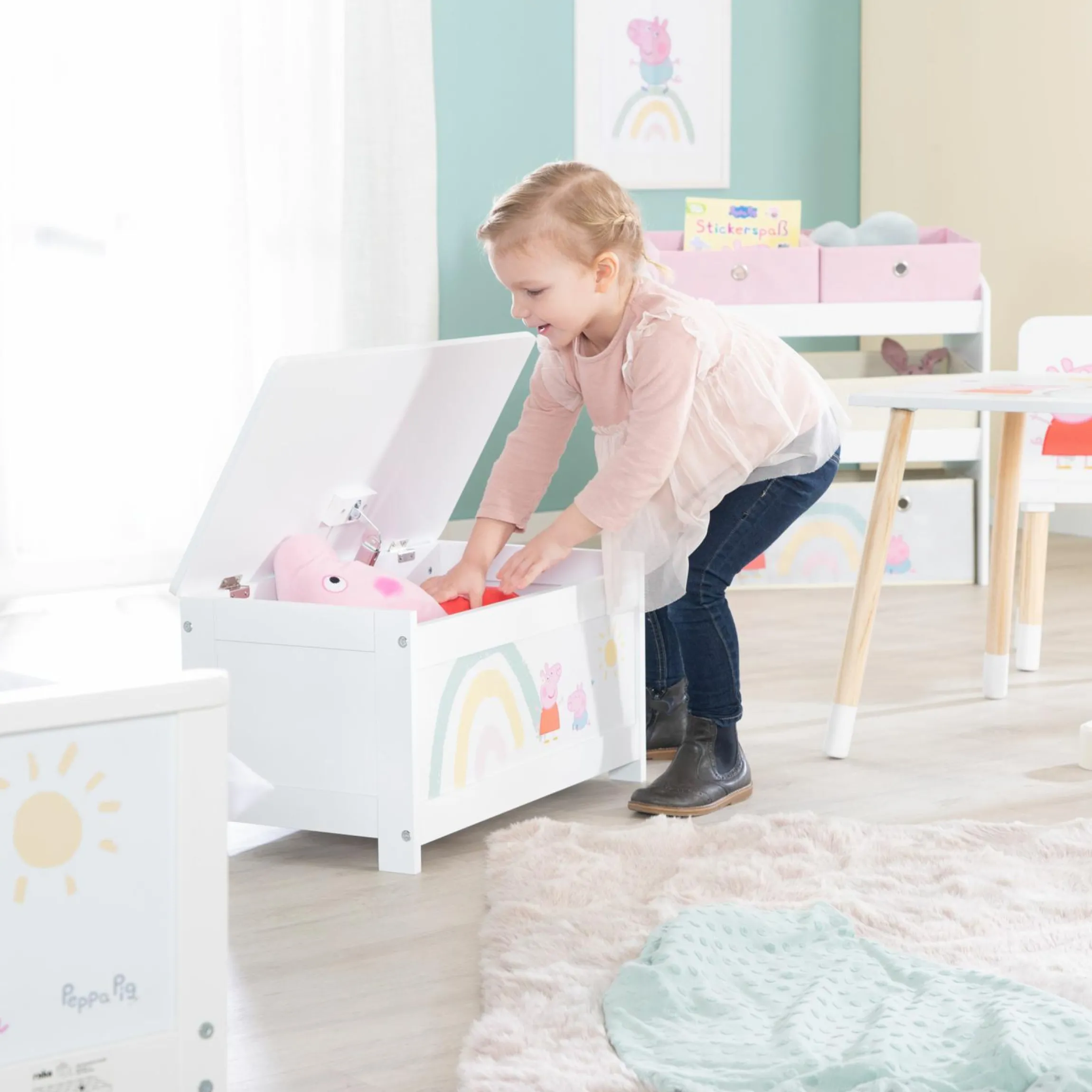 Spielzeugtruhe mit aufklappbarer Sitzfläche und Dämpfungsbeschlag - Peppa Pig - Weiß