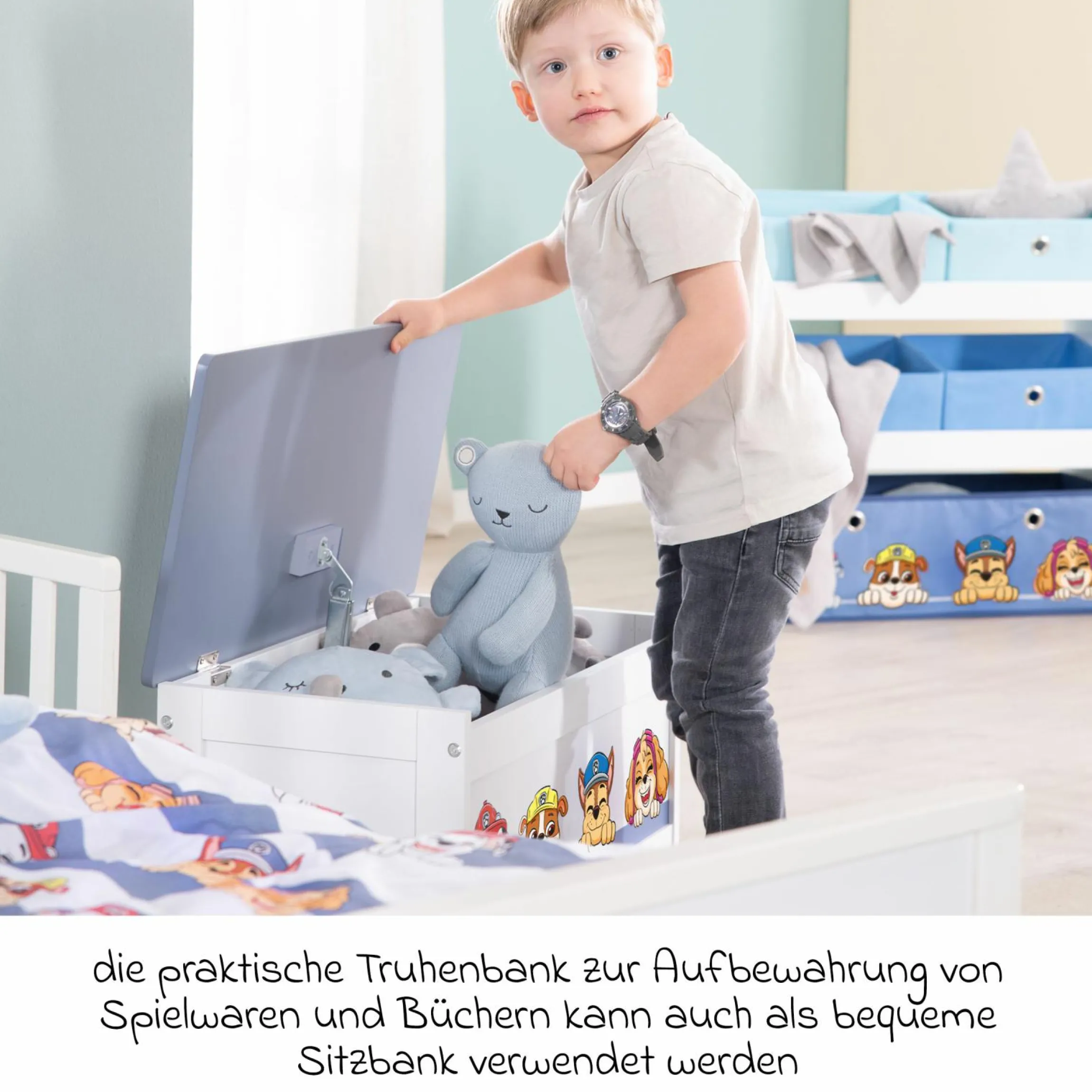 Spielzeugtruhe mit aufklappbarer Sitzfläche und Dämpfungsbeschlag - Paw Patrol - Weiß Blau