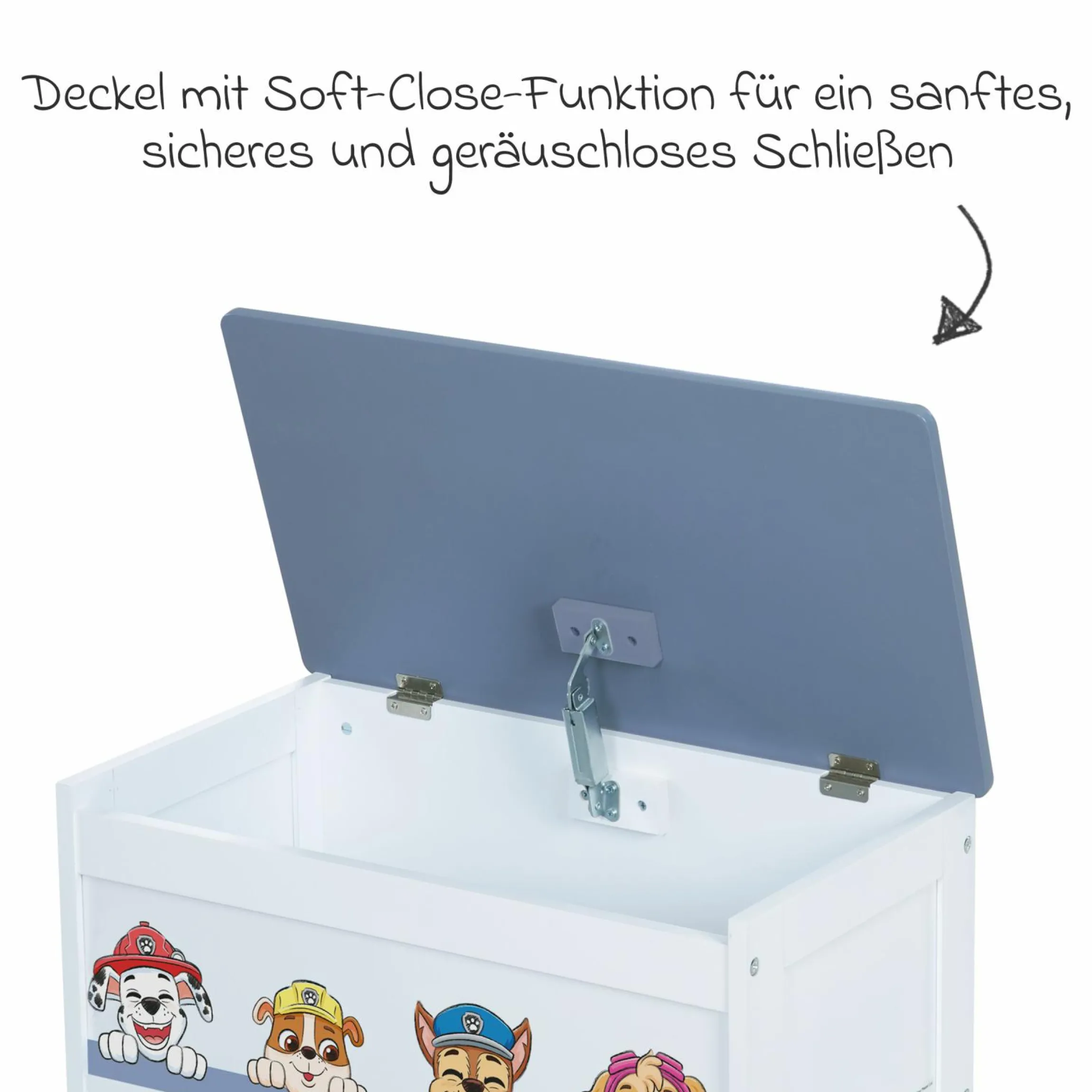 Spielzeugtruhe mit aufklappbarer Sitzfläche und Dämpfungsbeschlag - Paw Patrol - Weiß Blau