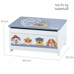 Spielzeugtruhe mit aufklappbarer Sitzfläche und Dämpfungsbeschlag - Paw Patrol - Weiß Blau