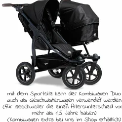 Sportsitz (1 x XXL-Komfort-Sitz) für Duo 2 für Kinder bis 45 kg - Schwarz - Kollektion 2025