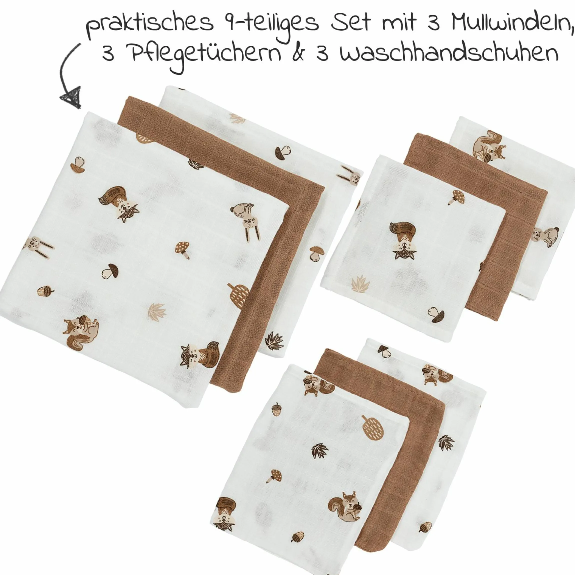 Starter Set 9-tlg. Mulltücher - Forest Animals - Toffee
