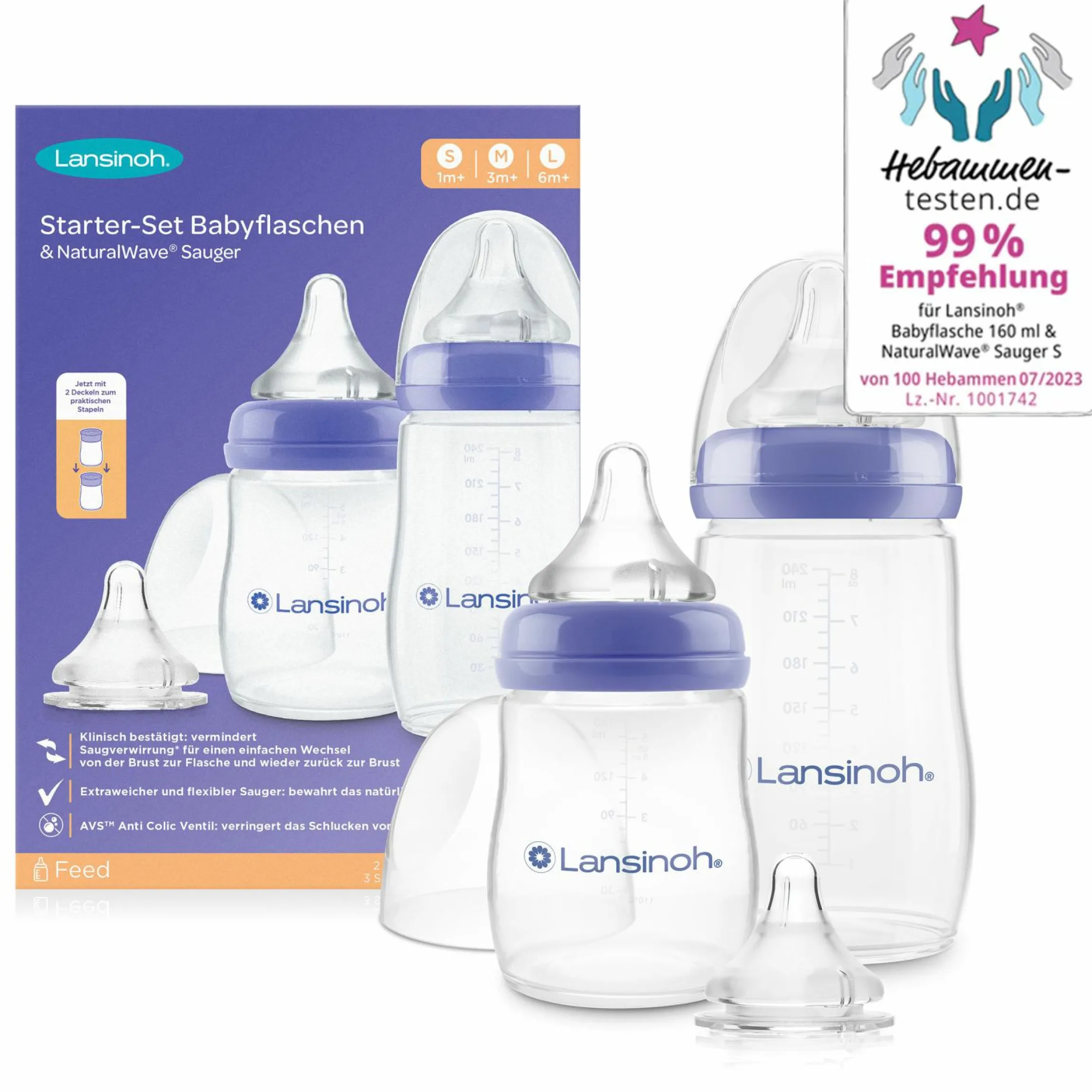 Starter-Set mit 2 PP Flaschen (160 ml & 240 ml), 3 Natural Wave® Trinksaugern (Gr. S, M & L)