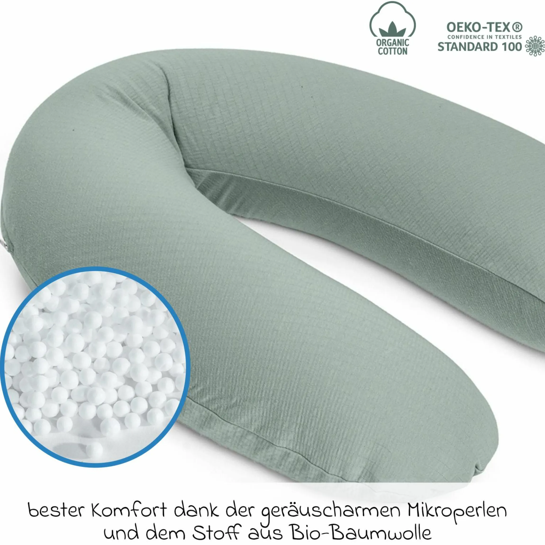 Stillkissen Buddy - mit Mikroperlen-Füllung inkl. Organic Cotton Bezug 180 cm - Tetra Green
