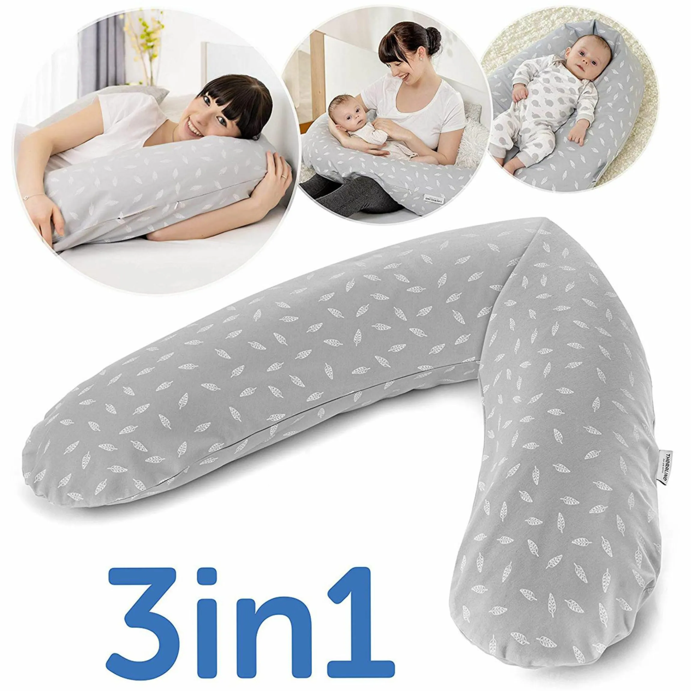 Stillkissen Das Original 190 cm + Gratis Mikroperlen-Nachfüllpack 9,5 Liter - Leaves - Grau