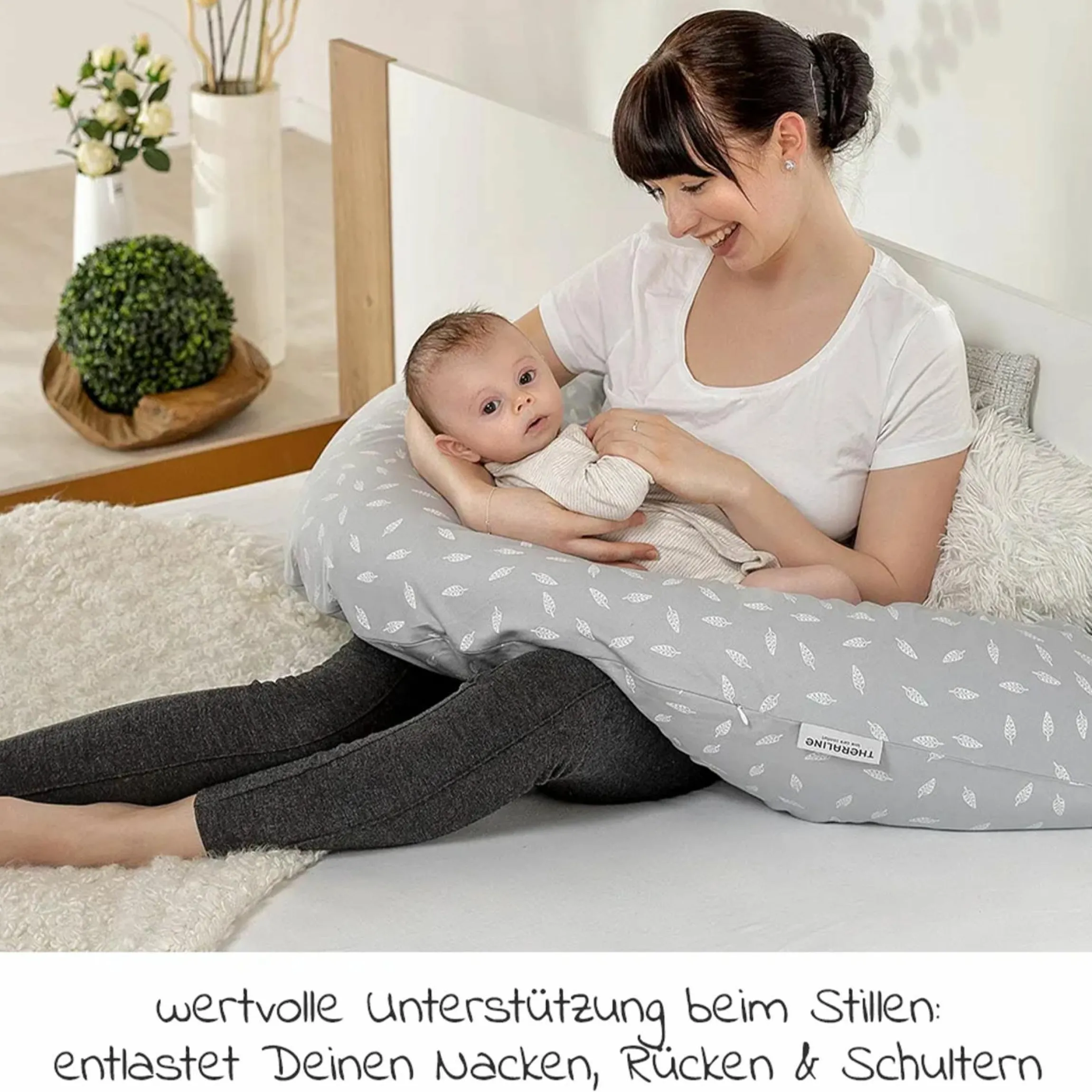 Stillkissen Das Original 190 cm + Gratis Mikroperlen-Nachfüllpack 9,5 Liter - Leaves - Grau