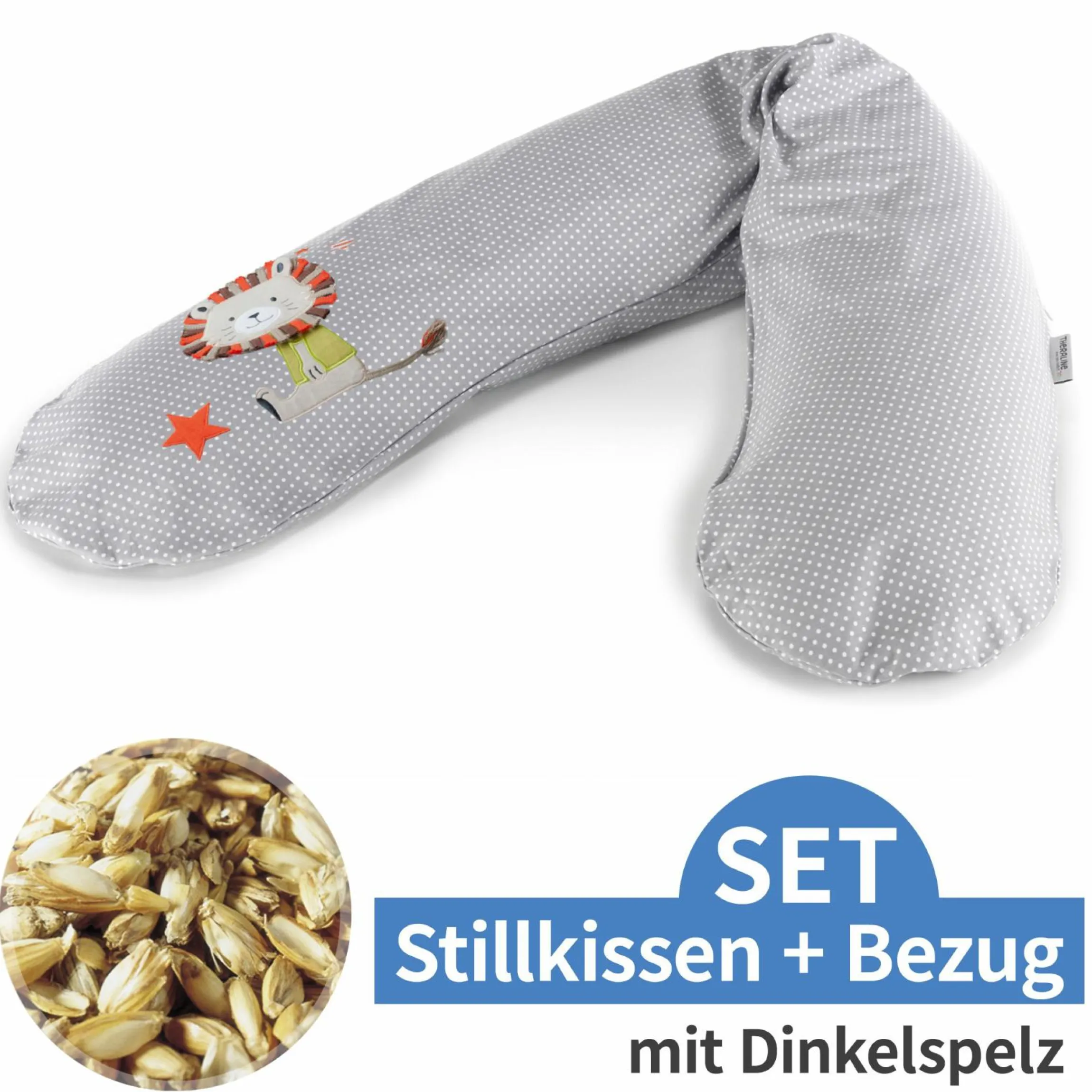 Stillkissen Das Original mit Dinkelspelz-Füllung inkl. Bezug 190 cm - Knister Löwe - Punkte Grau
