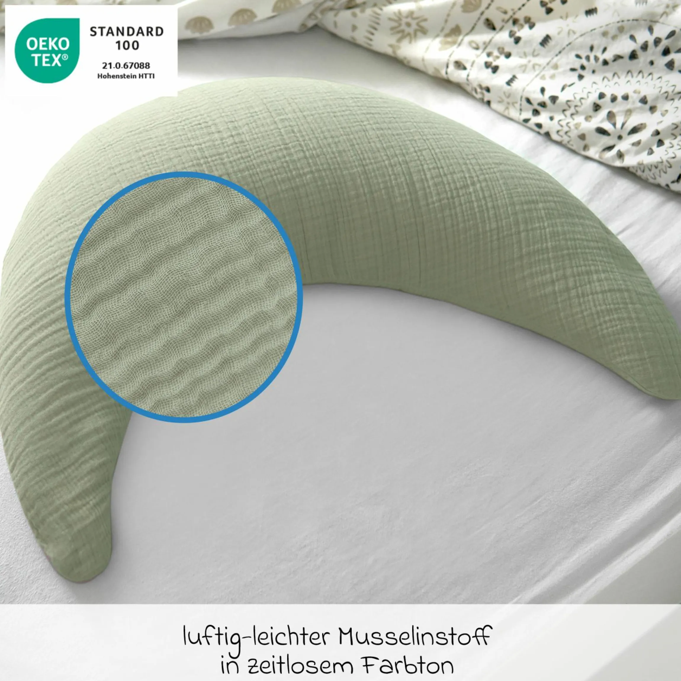 Stillkissen Der Musselinmond - mit feiner Perlen-Füllung inkl. Bezug 140 cm - Salbei