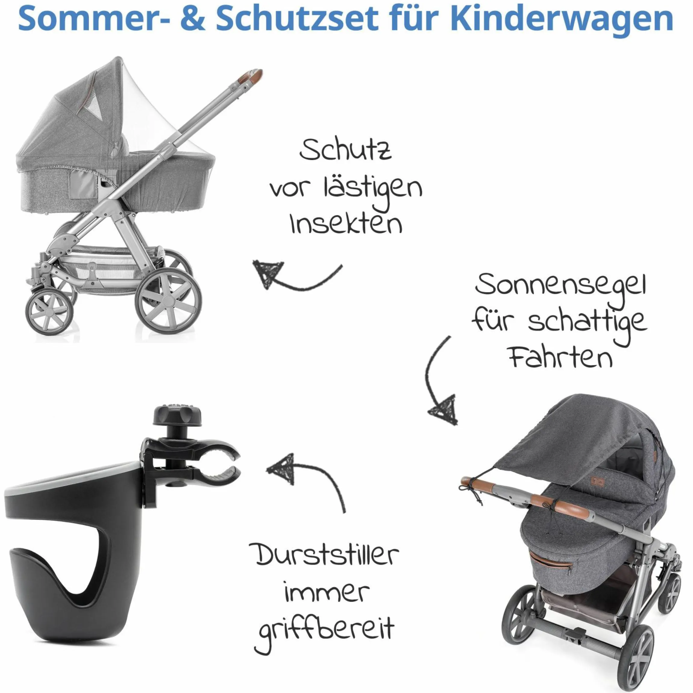 3-teiliges Sommer- & Schutzset für Kinderwagen mit Sonnensegel, Insektenschutz & Getränkehalter