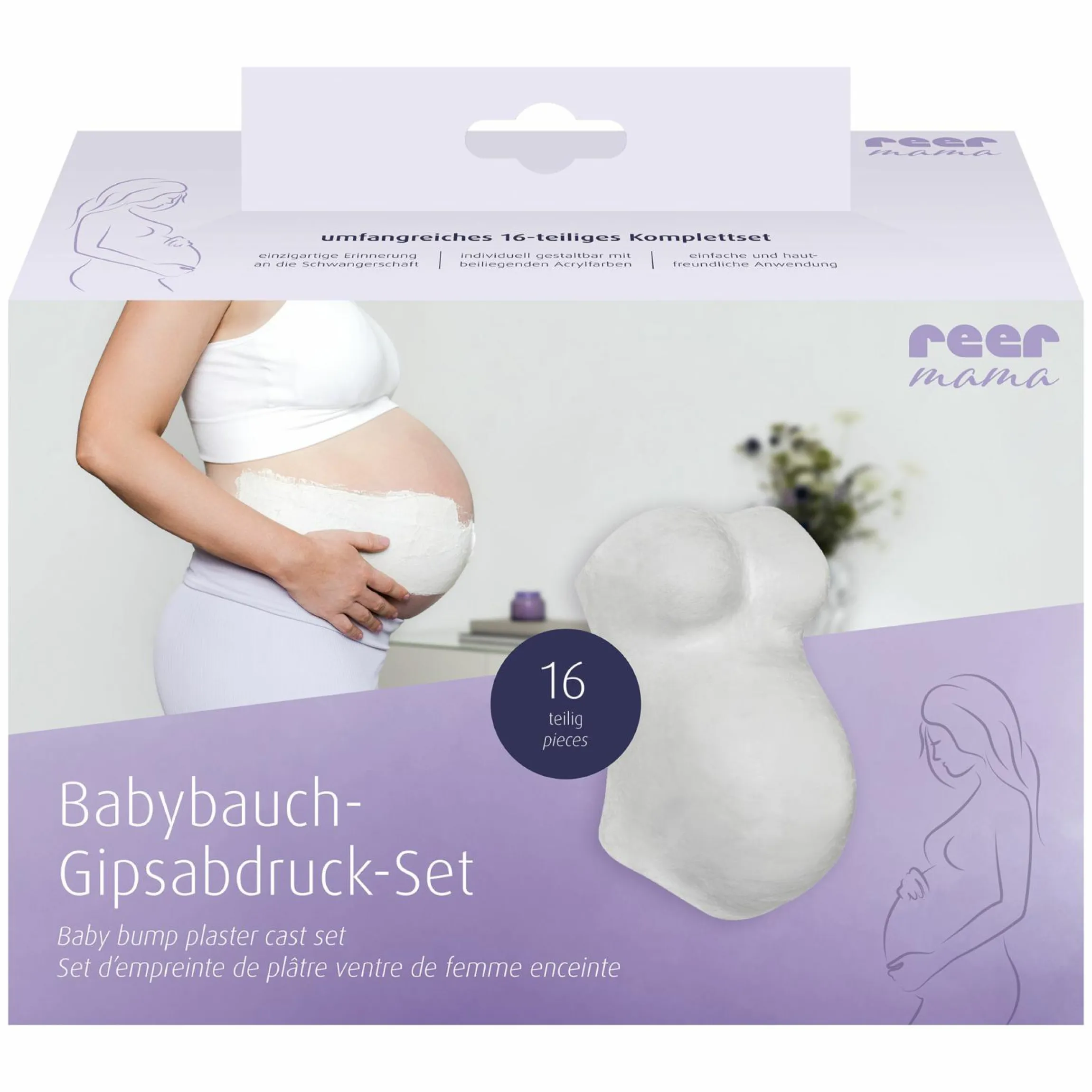 16-tlg. Babybauch-Gipsabdruck-Set Mama mit 5x Gipsbinden, 6x Acrylfarben, 1x Vaseline, 2x Pinsel, 1x Mischpalette & 1x Abdeckfolie - Kollektion 2024