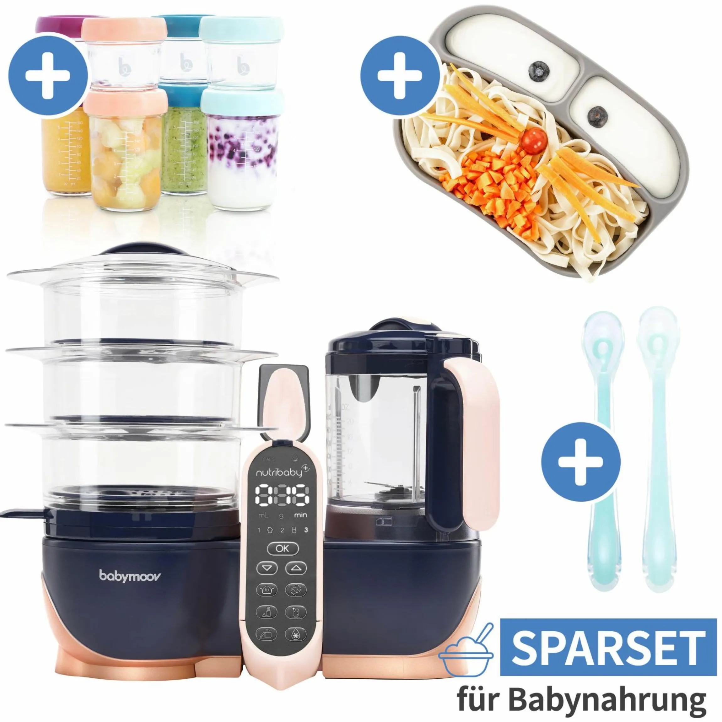12-tlg. Babynahrungszubereitungs-Set Nutribaby+ XL mit 8 Glas-Babybols + 2 Silikon-Löffel + 1 Esslernteller