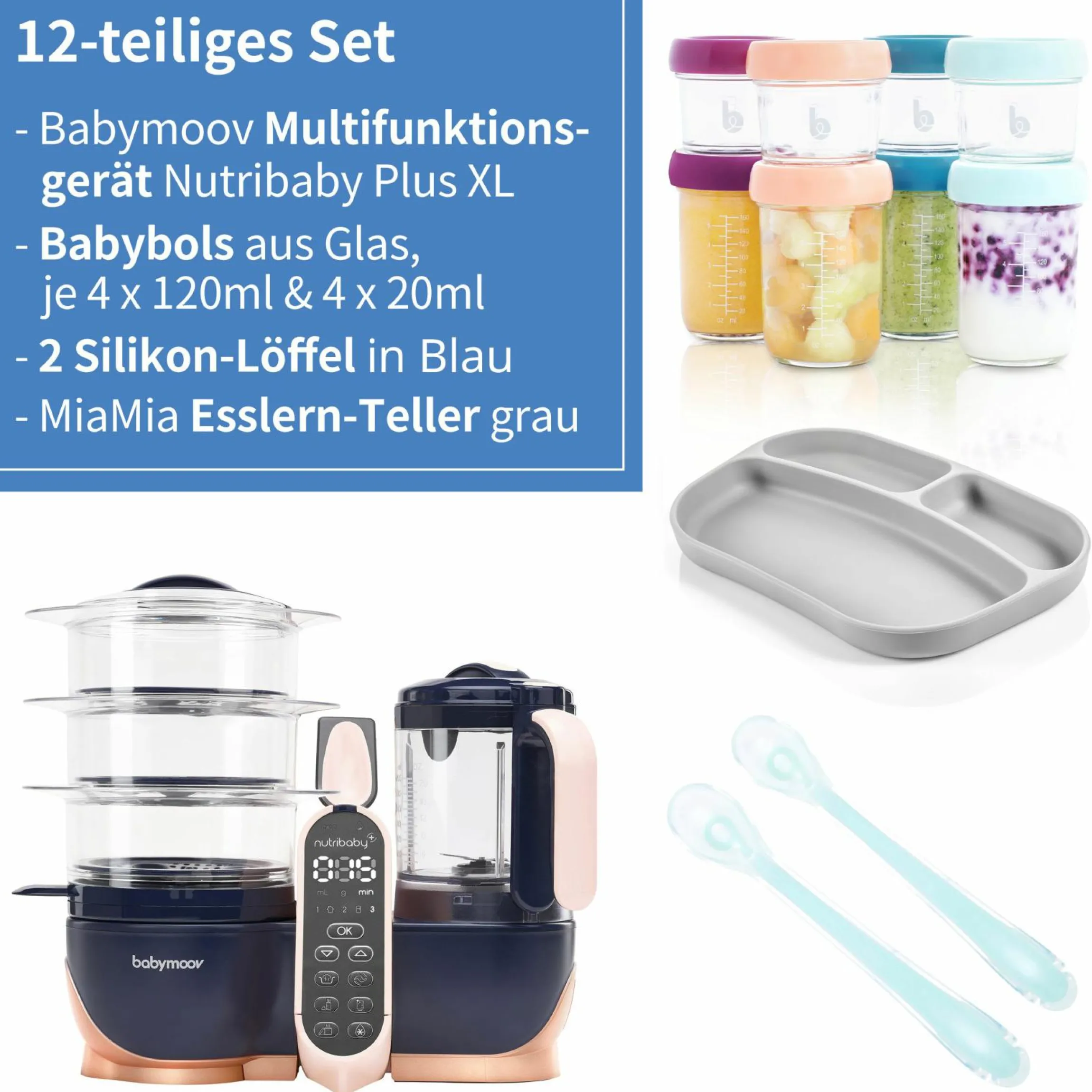 12-tlg. Babynahrungszubereitungs-Set Nutribaby+ XL mit 8 Glas-Babybols + 2 Silikon-Löffel + 1 Esslernteller