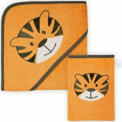 2-tlg. Bade-Set Kapuzenbadetuch inkl. Waschhandschuh 80 x 80 cm - Stickerei Tiger - Orange