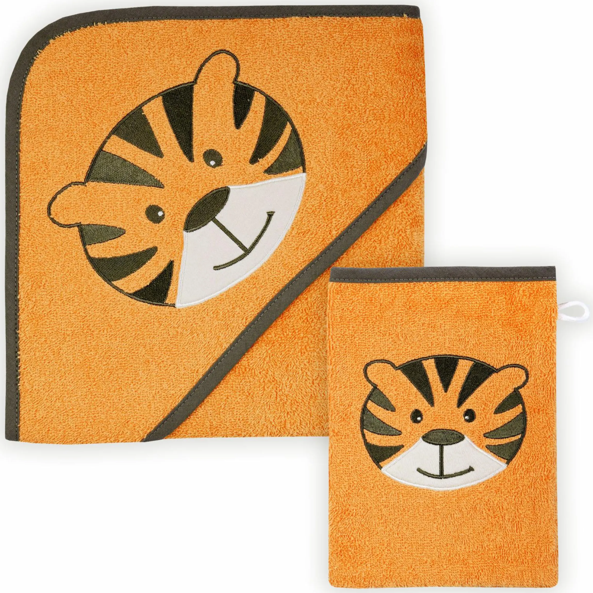 2-tlg. Bade-Set Kapuzenbadetuch inkl. Waschhandschuh 80 x 80 cm - Stickerei Tiger - Orange