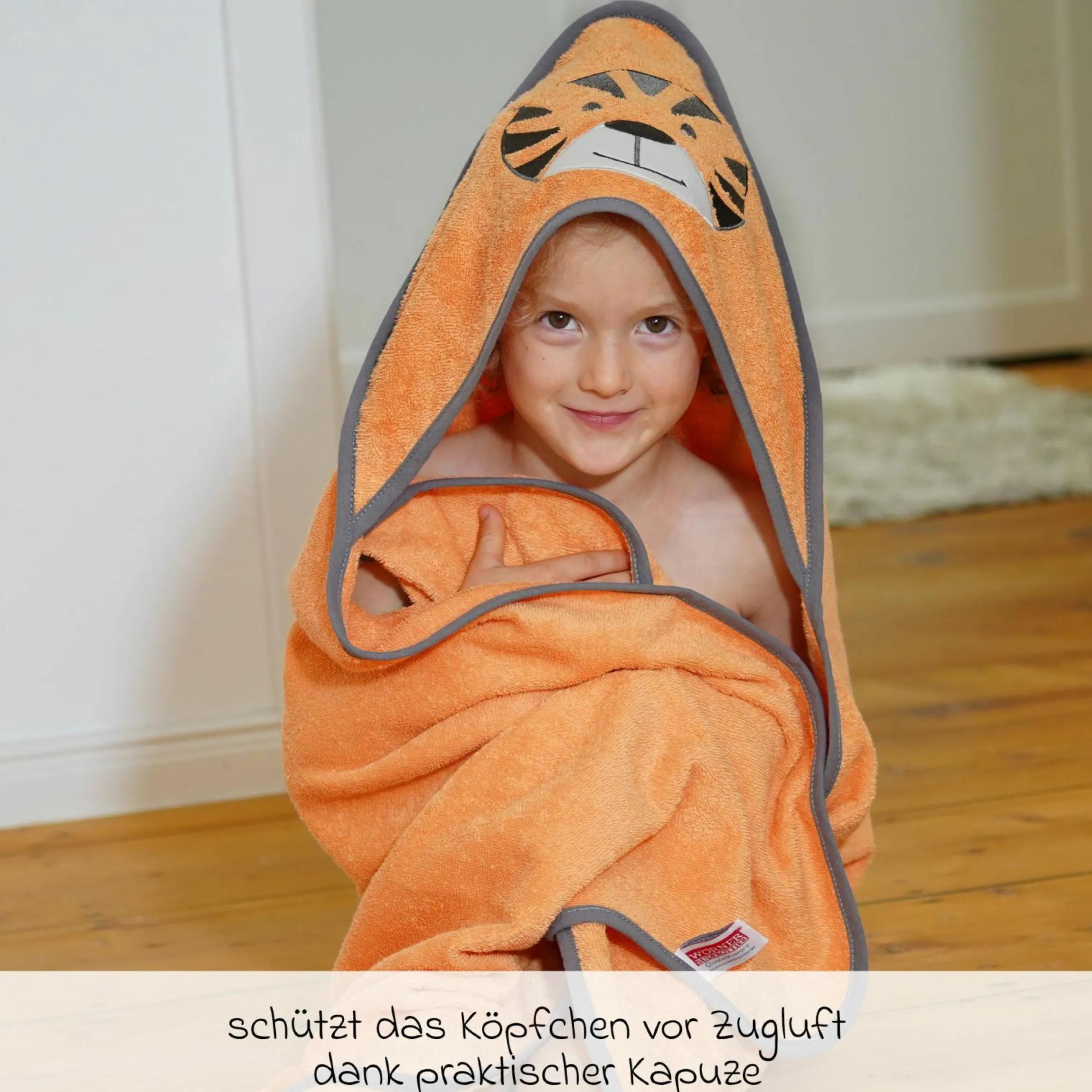 2-tlg. Bade-Set Kapuzenbadetuch inkl. Waschhandschuh 80 x 80 cm - Stickerei Tiger - Orange