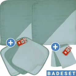 8-tlg. Bade-Set Mull - 2 Kapuzenbadetücher + 3 Waschhandschuhe + 3 Waschtücher - Mint Eisblau