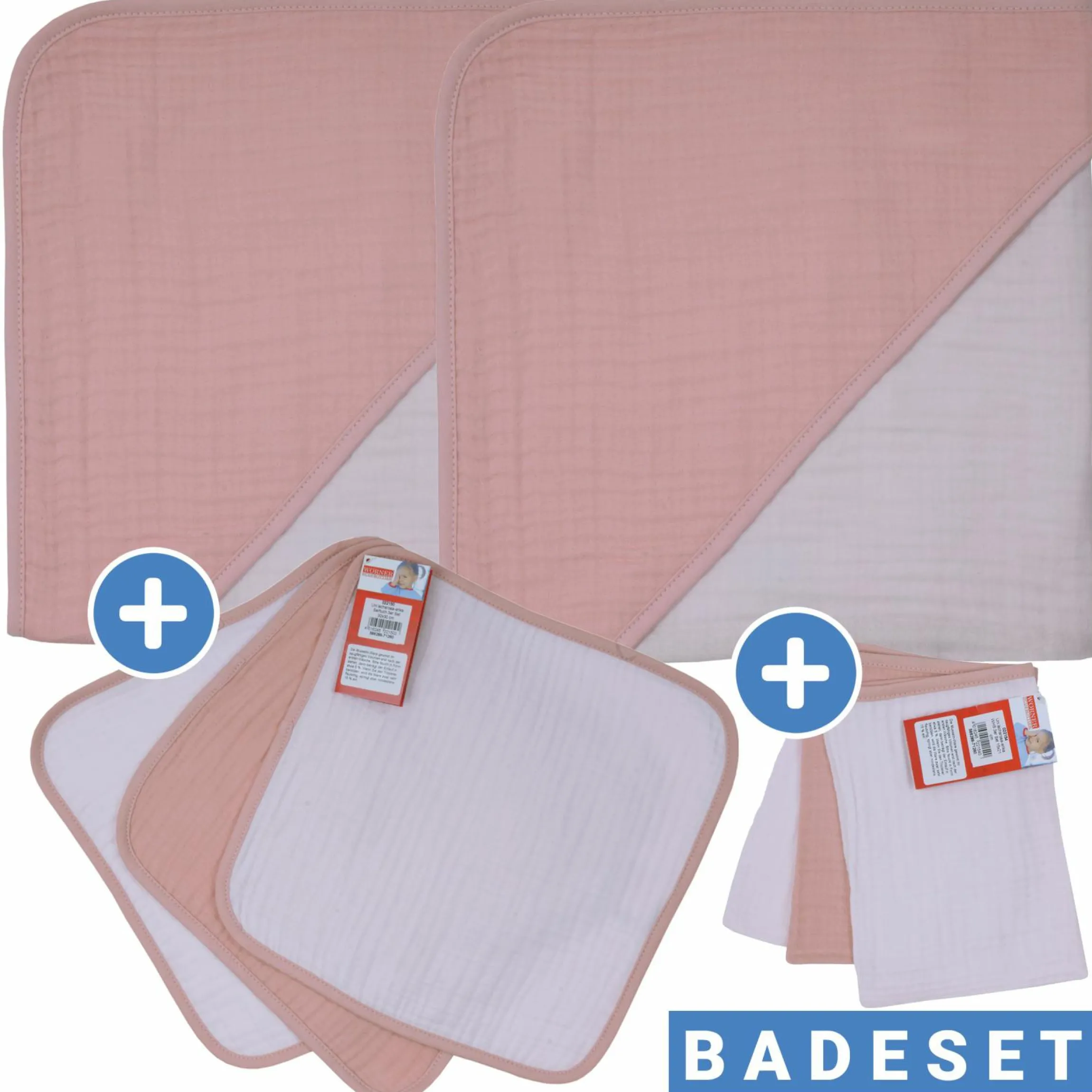 8-tlg. Bade-Set Mull - 2 Kapuzenbadetücher + 3 Waschhandschuhe + 3 Waschtücher - Lachsrosa Erika