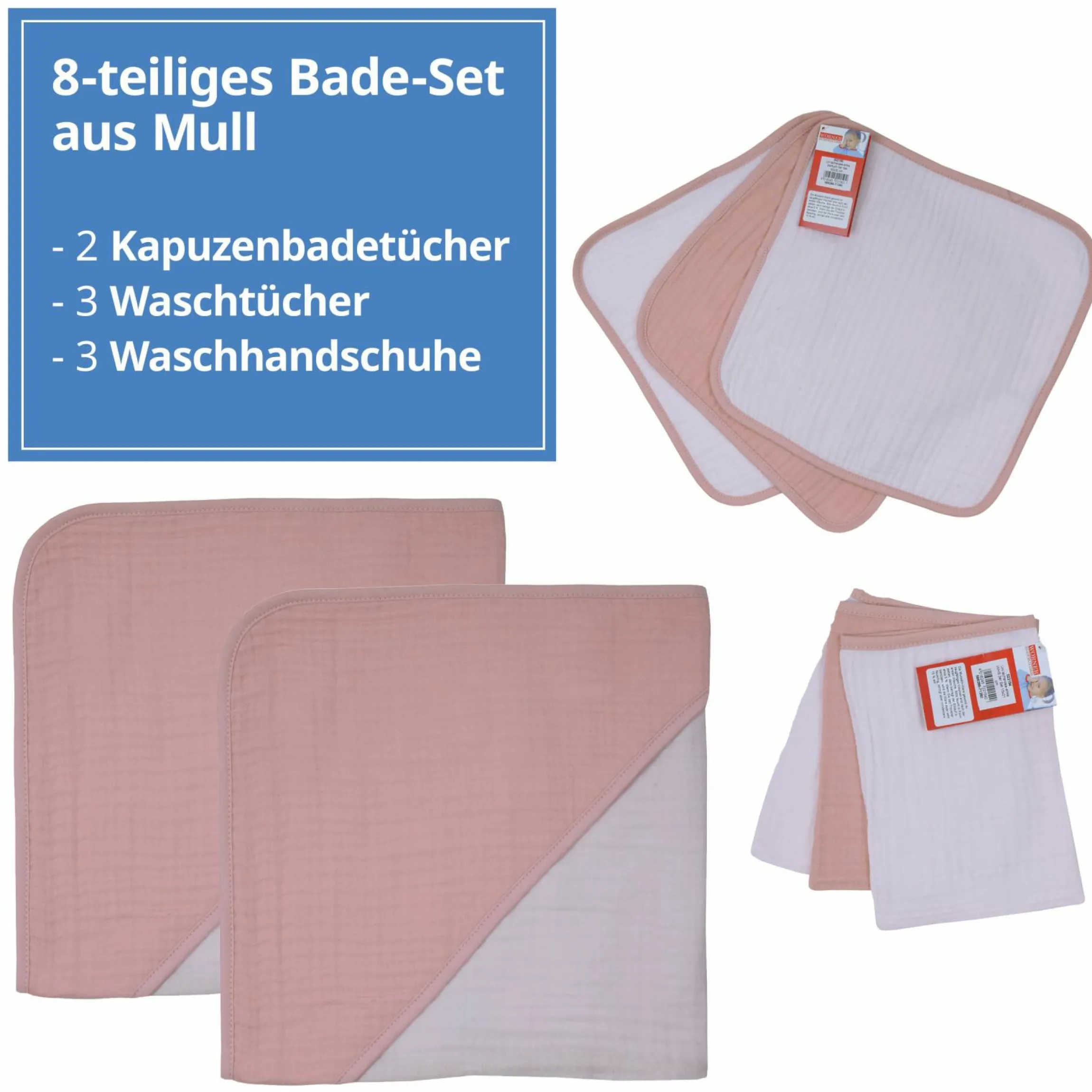8-tlg. Bade-Set Mull - 2 Kapuzenbadetücher + 3 Waschhandschuhe + 3 Waschtücher - Lachsrosa Erika