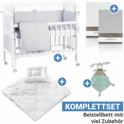 10-tlg. Beistellbett-Komplett-Set Nino inkl. Matratze, Bettwäsche, Spannbetttücher, Nestchen, Steppbett & Schmusetuch Cube Grey - Weiß - Kollektion 2024