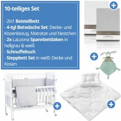 10-tlg. Beistellbett-Komplett-Set Nino inkl. Matratze, Bettwäsche, Spannbetttücher, Nestchen, Steppbett & Schmusetuch Cube Grey - Weiß - Kollektion 2024