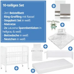 10-tlg. Beistellbett-Komplett-Set Nino inkl. Matratze Nino, Bettwäsche, Spannbetttücher, Steppbett, Nestchen & Ring-Greifling - Weiß
