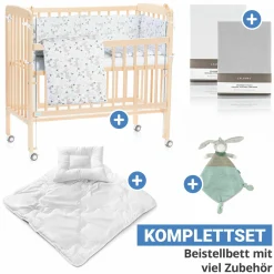 10-tlg. Beistellbett-Komplett-Set Nino inkl. Matratze, Bettwäsche, Spannbetttücher, Nestchen, Steppbett & Schmusetuch - Kangaroo Weiß - Natur - Kollektion 2024