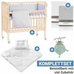 10-tlg. Beistellbett-Komplett-Set Nino inkl. Matratze, Bettwäsche, Spannbetttücher, Nestchen, Steppbett & Schmusetuch - Cube Grey - Natur - Kollektion 2024