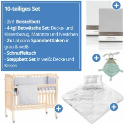 10-tlg. Beistellbett-Komplett-Set Nino inkl. Matratze, Bettwäsche, Spannbetttücher, Nestchen, Steppbett & Schmusetuch - Cube Grey - Natur - Kollektion 2024