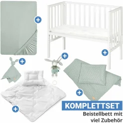8-tlg. Beistellbett-Komplett-Set mit Canvas-Barriere, Matratze 90 x 45 cm, Spannbetttuch, Steppbett, Bettwäsche, Schmusetuch & Spieluhr 47 x 99,5 cm - Weiß