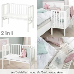8-tlg. Beistellbett-Komplett-Set mit Canvas-Barriere, Matratze 90 x 45 cm, Spannbetttuch, Steppbett, Bettwäsche, Schmusetuch & Spieluhr 47 x 99,5 cm - Weiß