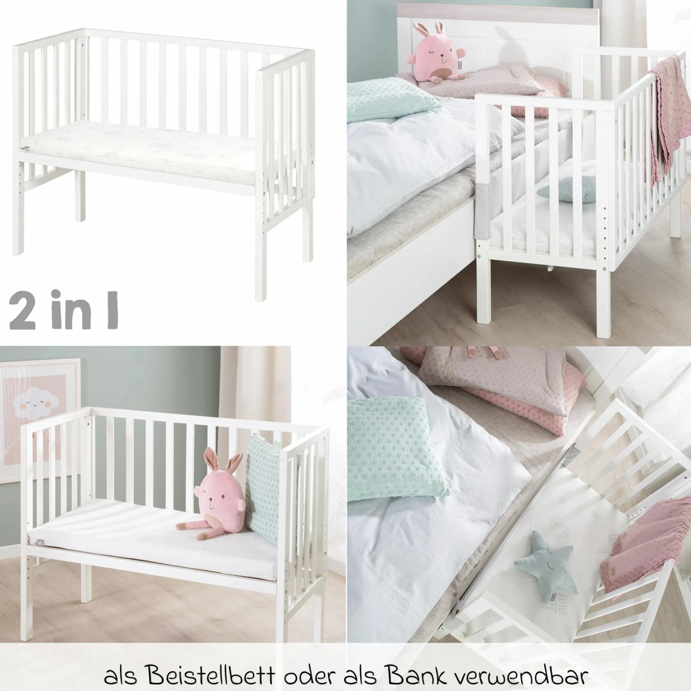 8-tlg. Beistellbett-Komplett-Set mit Canvas-Barriere, Matratze 90 x 45 cm, Spannbetttuch, Steppbett, Bettwäsche, Schmusetuch & Spieluhr 47 x 99,5 cm - Weiß