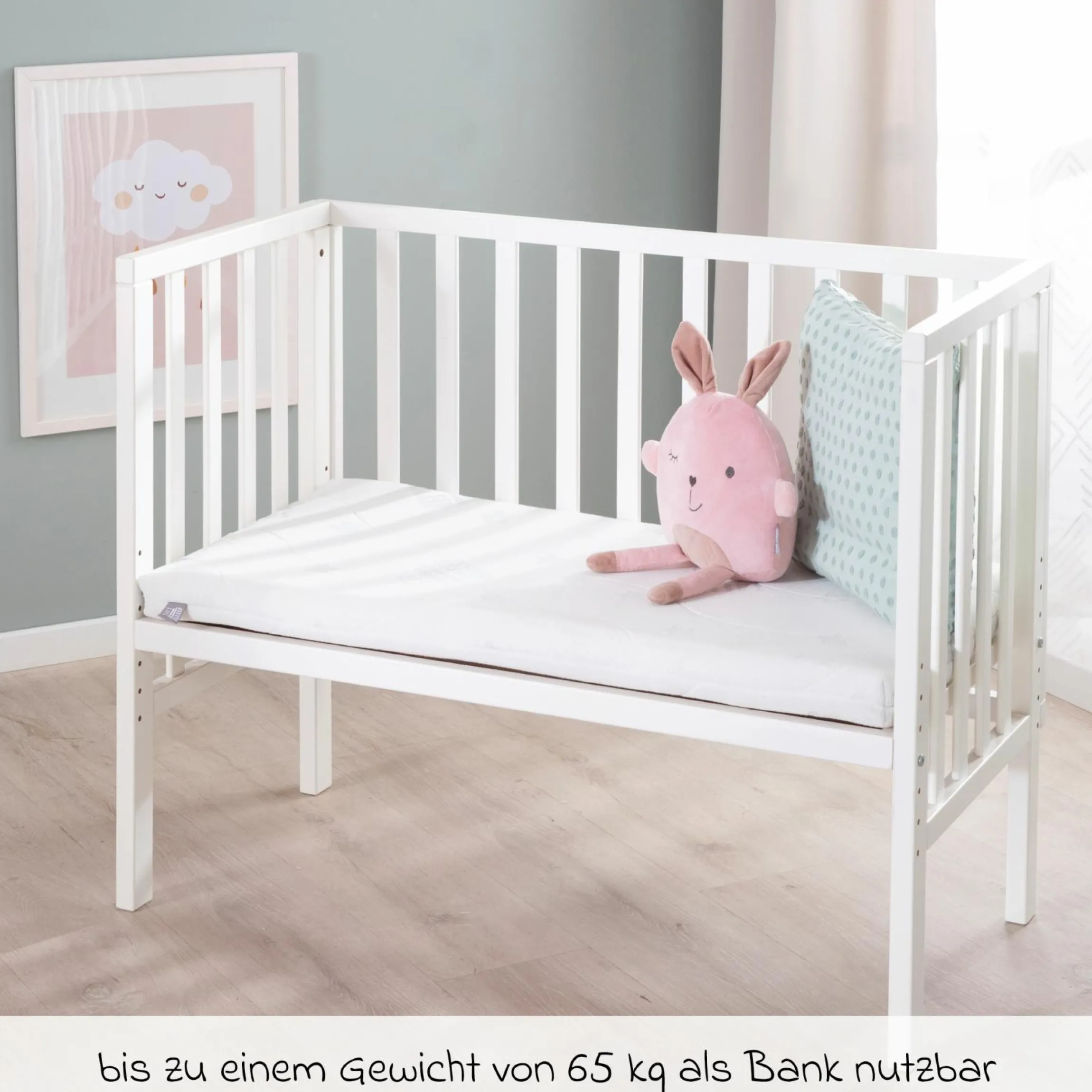 8-tlg. Beistellbett-Komplett-Set mit Canvas-Barriere, Matratze 90 x 45 cm, Spannbetttuch, Steppbett, Bettwäsche, Schmusetuch & Spieluhr 47 x 99,5 cm - Weiß