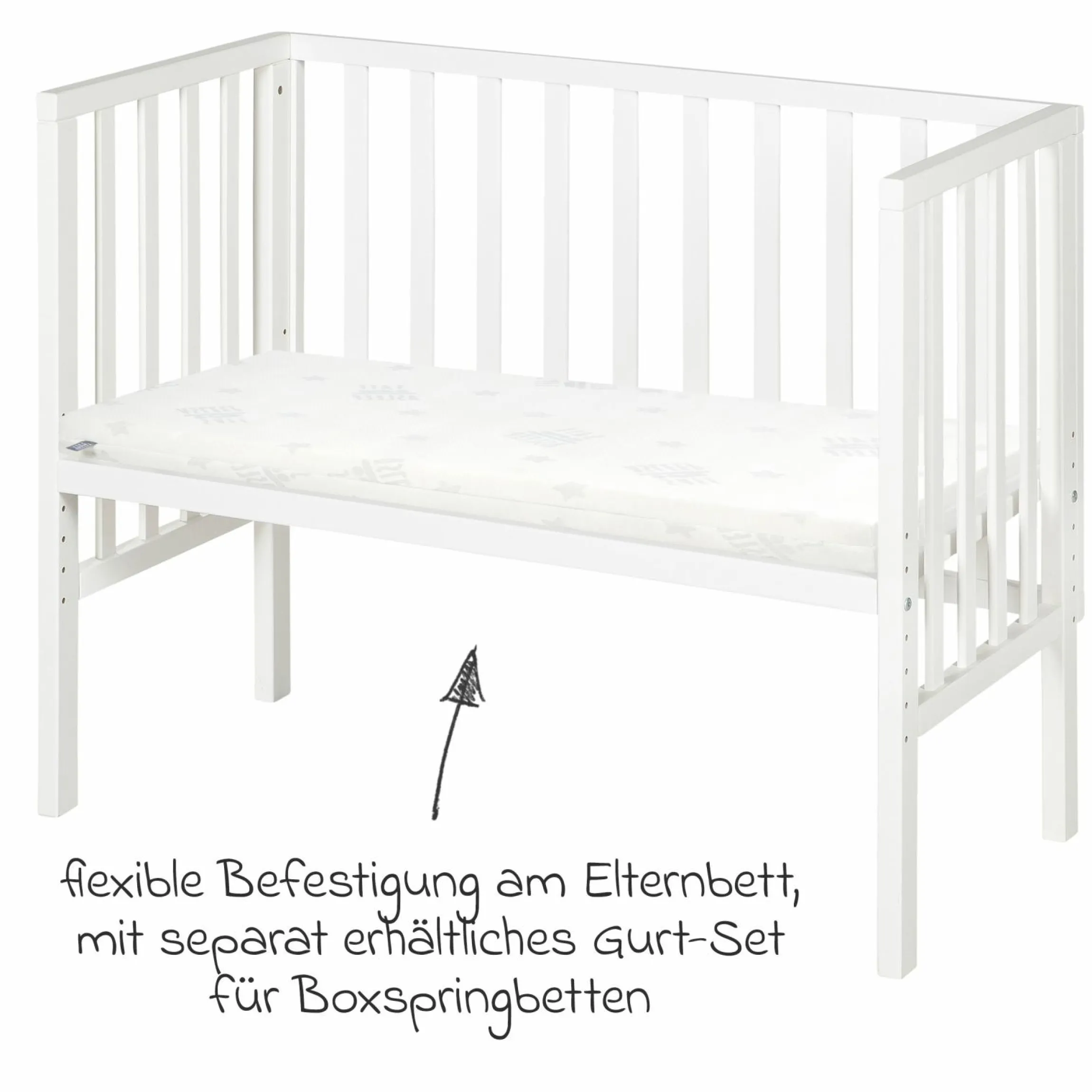 8-tlg. Beistellbett-Komplett-Set mit Canvas-Barriere, Matratze 90 x 45 cm, Spannbetttuch, Steppbett, Bettwäsche, Schmusetuch & Spieluhr 47 x 99,5 cm - Weiß