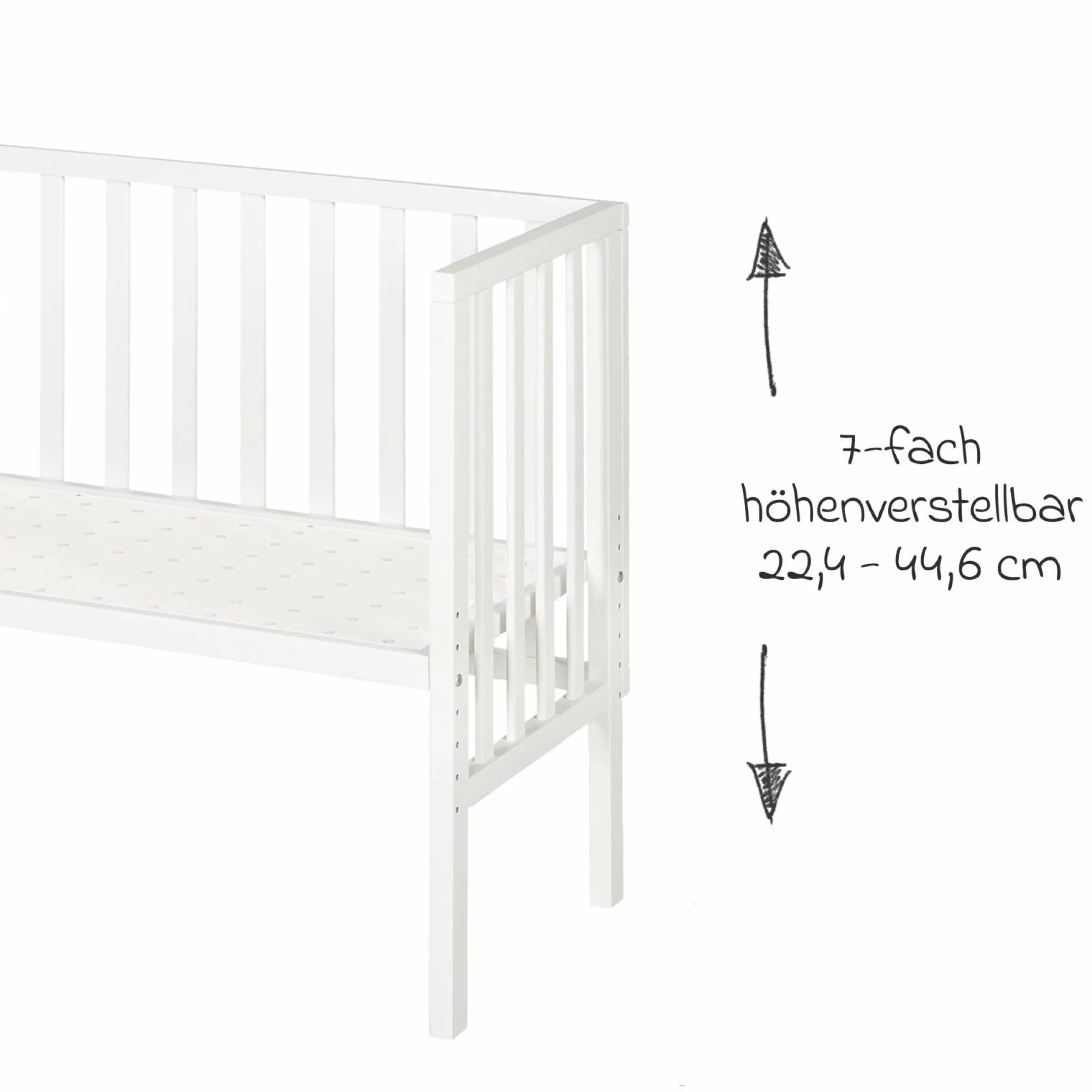 8-tlg. Beistellbett-Komplett-Set mit Canvas-Barriere, Matratze 90 x 45 cm, Spannbetttuch, Steppbett, Bettwäsche, Schmusetuch & Spieluhr 47 x 99,5 cm - Weiß