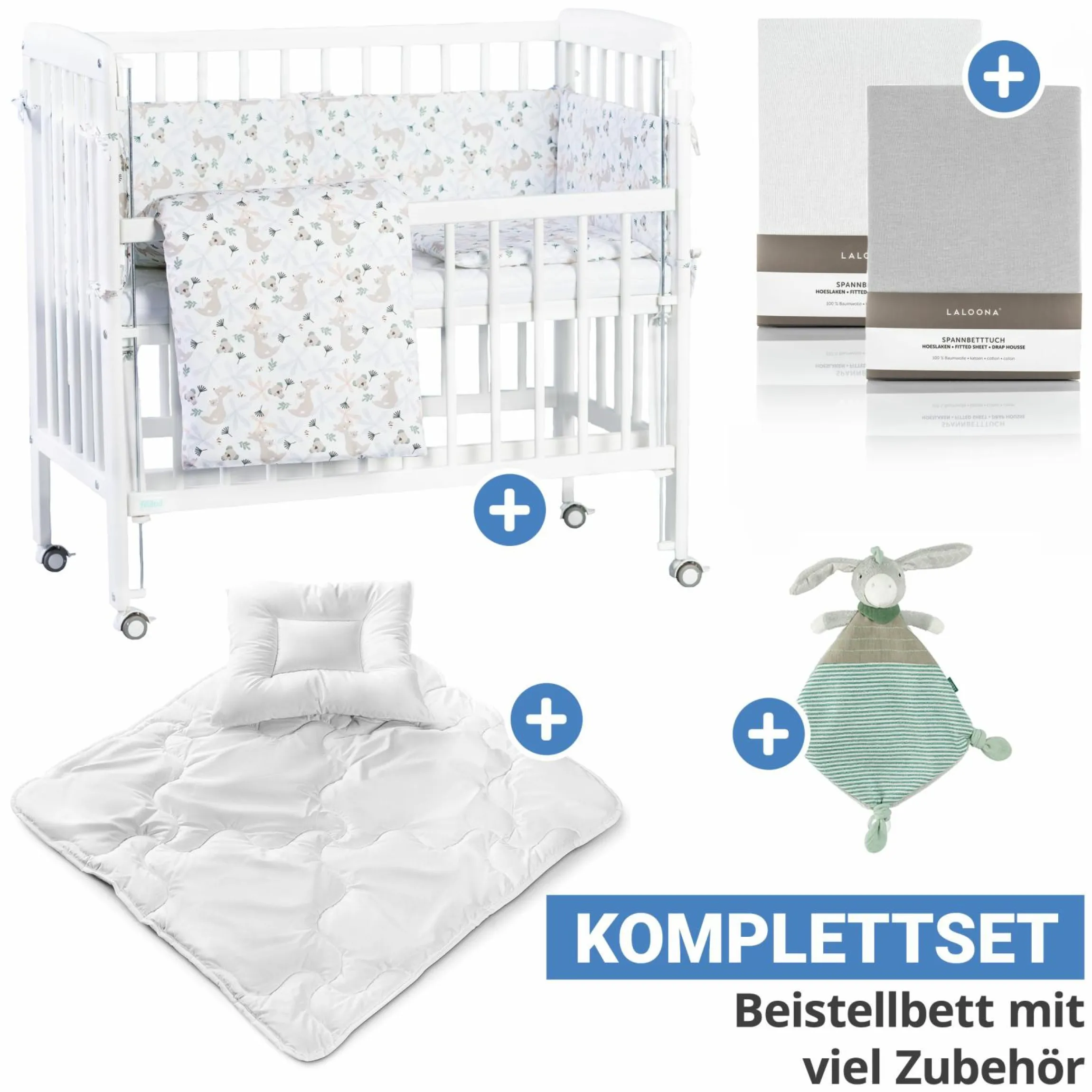 10-tlg. Beistellbett-Komplett-Set Nino inkl. Matratze, Bettwäsche, Spannbetttücher, Nestchen, Steppbett & Schmusetuch Kangaroo Weiß - Weiß - Kollektion 2024