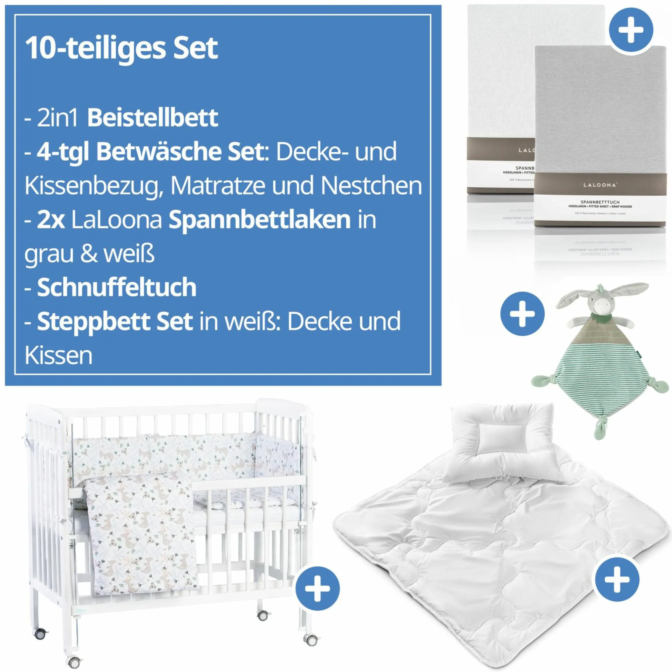 10-tlg. Beistellbett-Komplett-Set Nino inkl. Matratze, Bettwäsche, Spannbetttücher, Nestchen, Steppbett & Schmusetuch Kangaroo Weiß - Weiß - Kollektion 2024