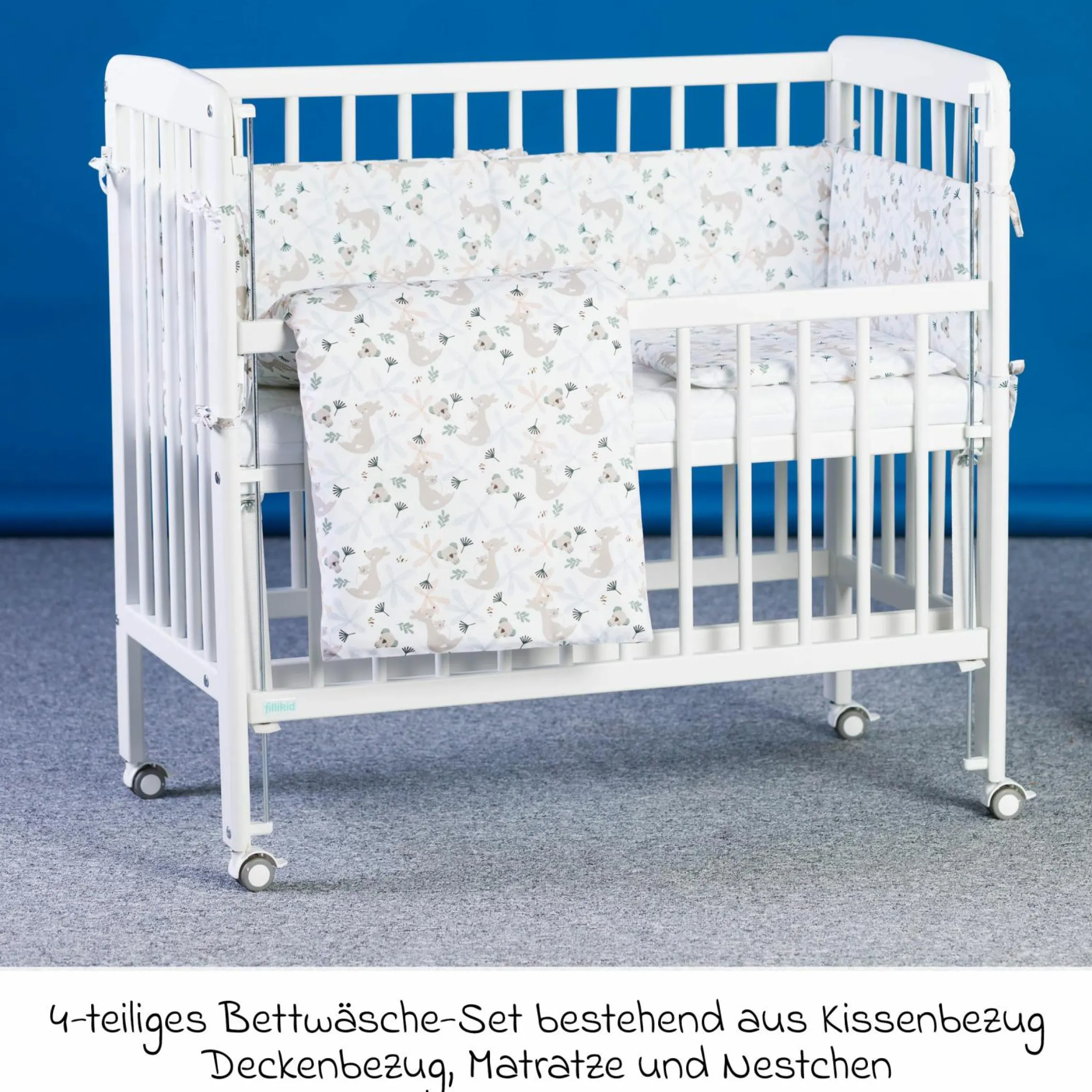 10-tlg. Beistellbett-Komplett-Set Nino inkl. Matratze, Bettwäsche, Spannbetttücher, Nestchen, Steppbett & Schmusetuch Kangaroo Weiß - Weiß - Kollektion 2024