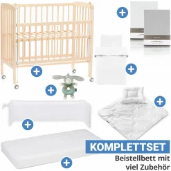 10-tlg. Beistellbett-Komplett-Set Nino inkl. Matratze Nino, Bettwäsche, Spannbetttücher, Steppbett, Nestchen & Ring-Greifling - Natur