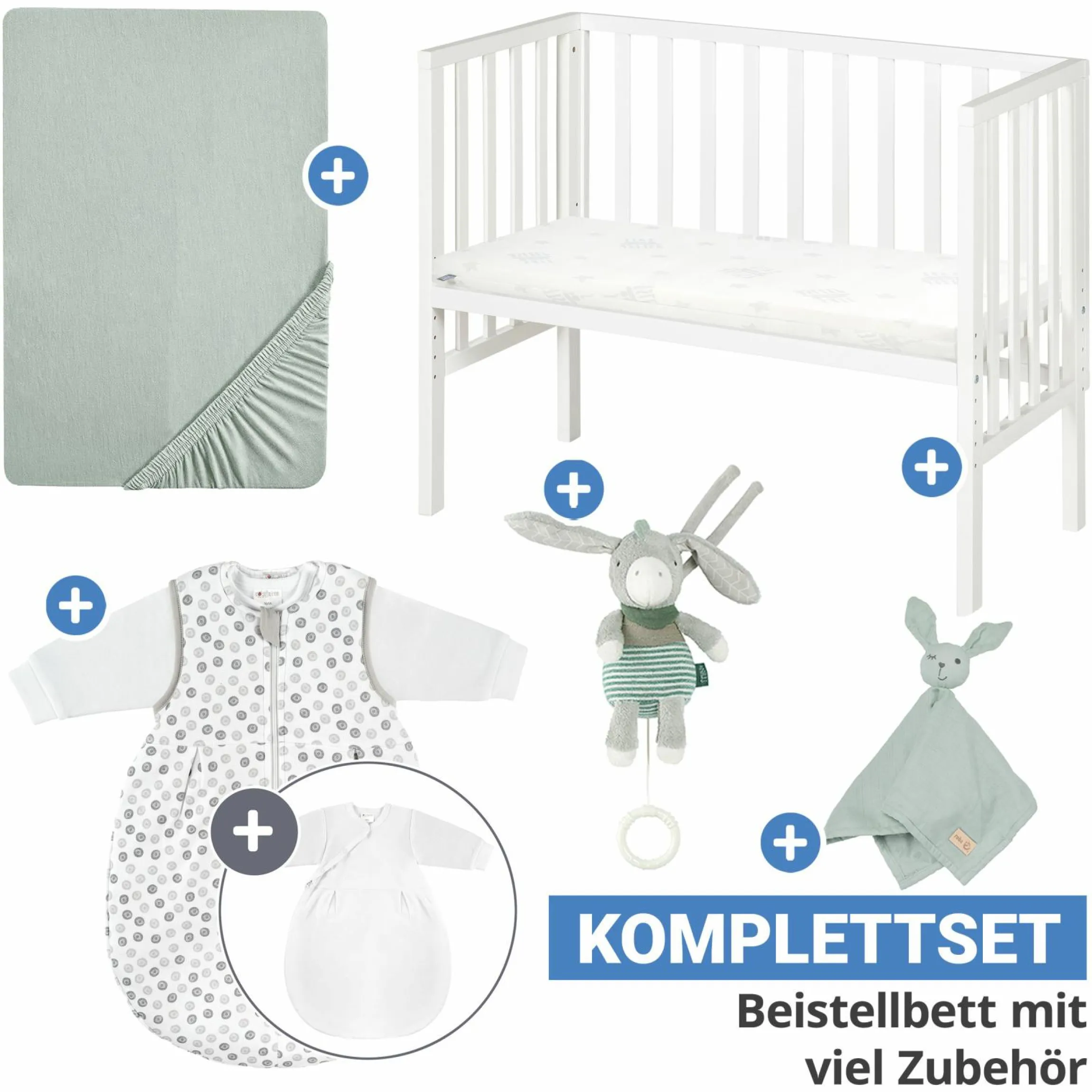 6-tlg. Beistellbett-Komplett-Set mit Canvas-Barriere, Matratze 90 x 45 cm, Spannbetttuch, 2-tlg-Schlafsack, Schmusetuch & Spieluhr 47 x 99,5 cm - Weiß