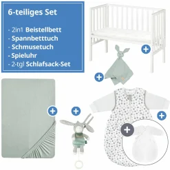 6-tlg. Beistellbett-Komplett-Set mit Canvas-Barriere, Matratze 90 x 45 cm, Spannbetttuch, 2-tlg-Schlafsack, Schmusetuch & Spieluhr 47 x 99,5 cm - Weiß