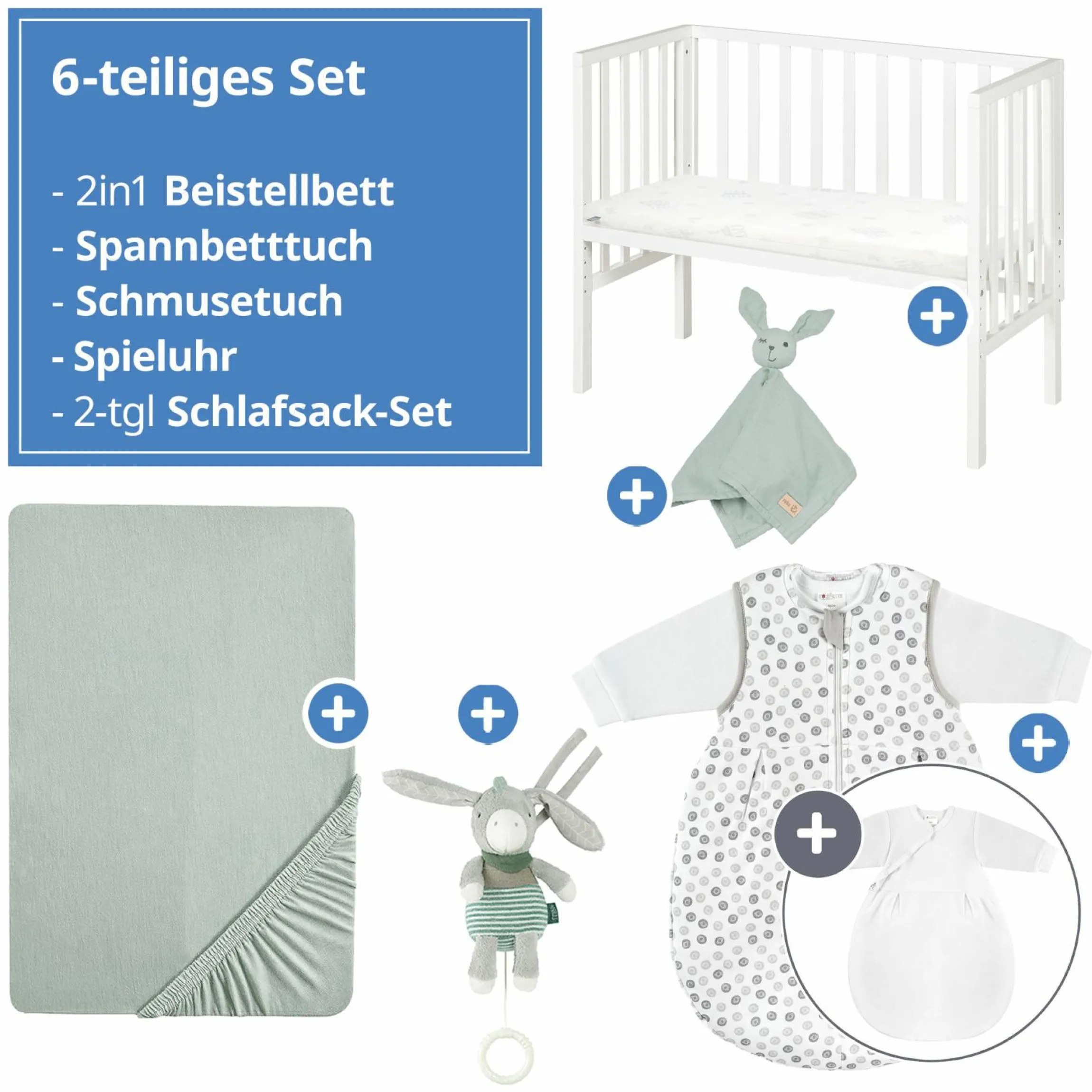 6-tlg. Beistellbett-Komplett-Set mit Canvas-Barriere, Matratze 90 x 45 cm, Spannbetttuch, 2-tlg-Schlafsack, Schmusetuch & Spieluhr 47 x 99,5 cm - Weiß